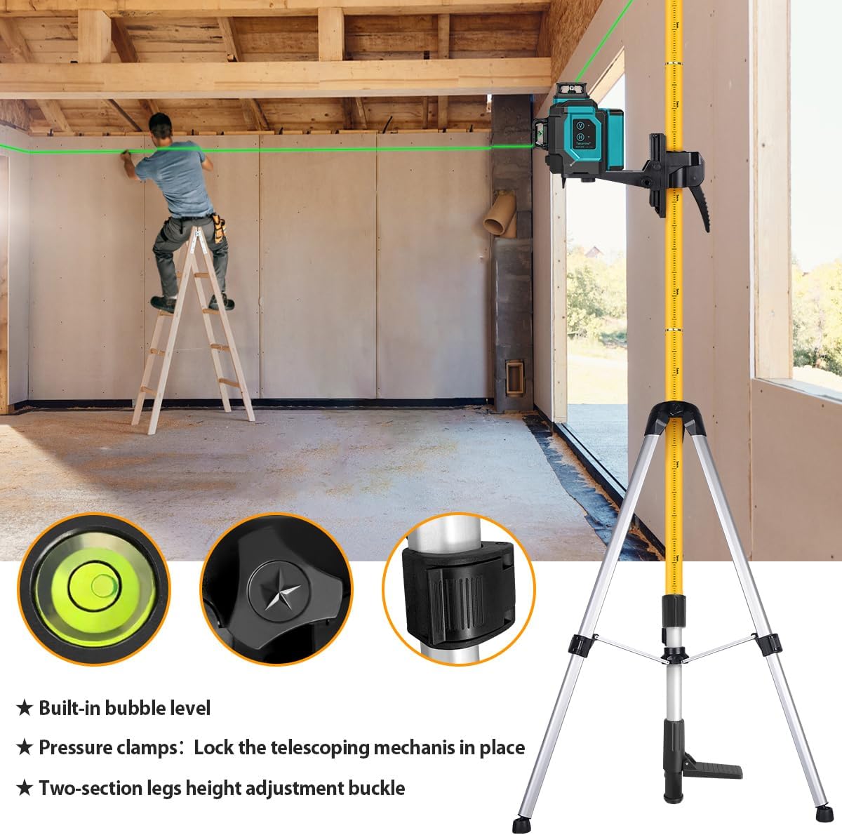 Takamine 12 Ft./3.7m Laser Level Telescoping Pole with Adjustable Tripod | 1/4-Inch by 20-Inch Laser Pole Mount,for Rotary and Line Lasers，Includes 5/8"-11 Adapter Nut