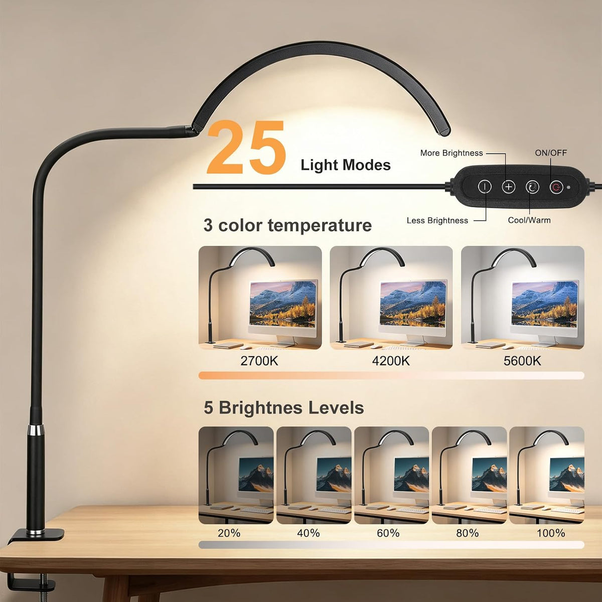 Half Moon LED Desk Lamp with Clamp, Dimmable Eye-Caring Light with 3 Color Modes and Flexible Gooseneck, Shadow-Reducing Clip-On Lamp for Home Office, Study, Reading and Workbench