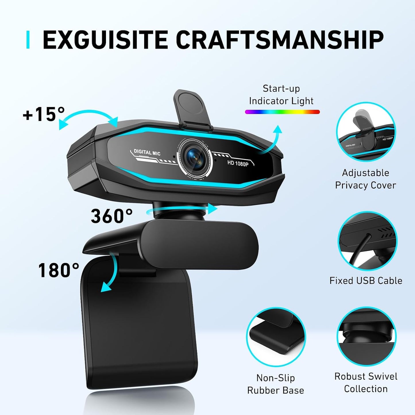 1080P Webcam with Microphone, Full HD Web Camera with RGB Light for Pc, Light Correction and Noise Cancellation Streaming Webcam, USB Computer Camera with Privacy Cover ,Plug and Play PC Web Cam