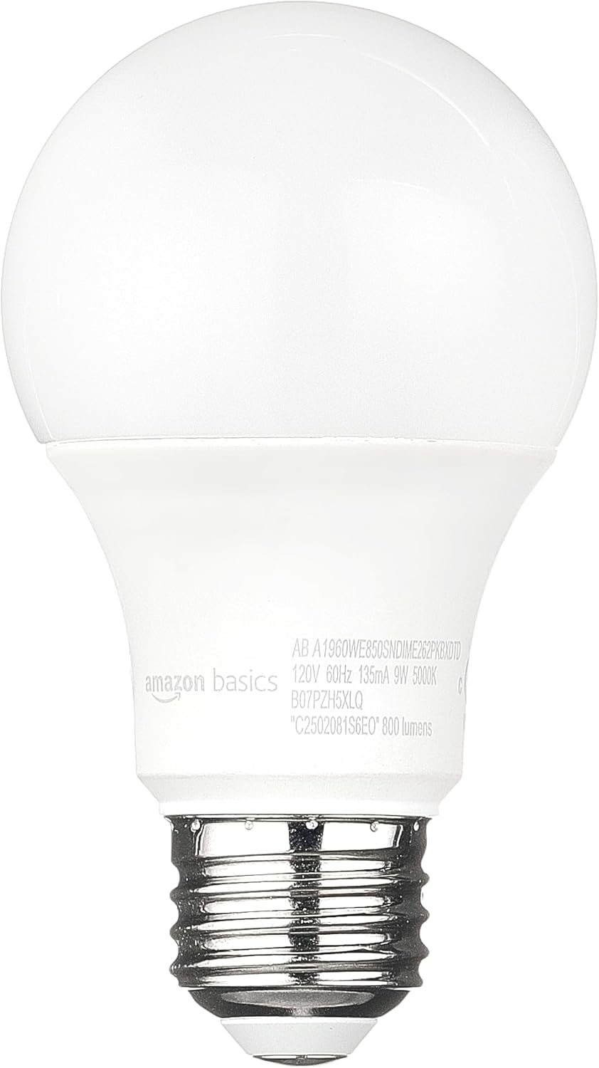 Amazon Basics A19 Dusk to Dawn Sensor LED Outdoor Light Bulbs, 60W Equivalent, Daylight 5000K, E26 Base, Auto On/Off, Porch, 10,000 Hours, 2-Pack