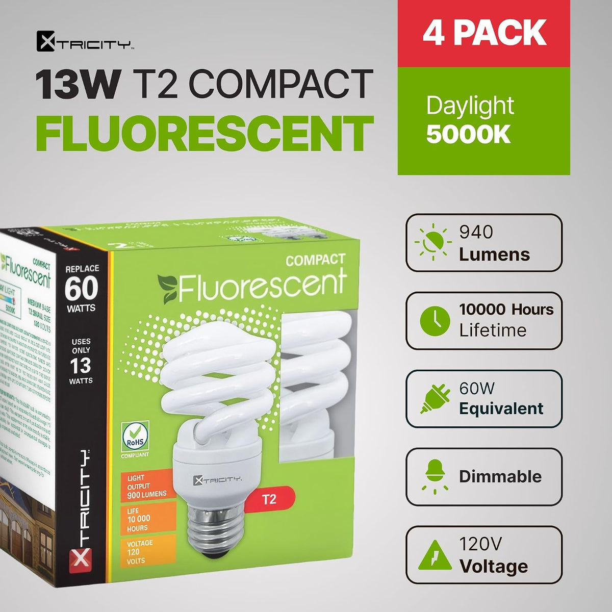 Xtricity Compact Fluorescent Light Bulbs T2 Spiral, E26 Base (4 Pack)
