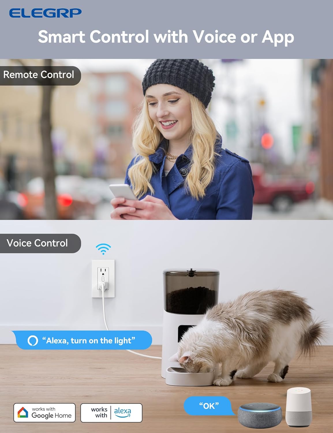 ELEGRP Smart Outlet, Smart in-Wall Outletss Works with Alexa and Google Assistant, 2.4GHz Wi-Fi Smart Receptacle, No Hub Required, UL Listed, White, 2 Pack