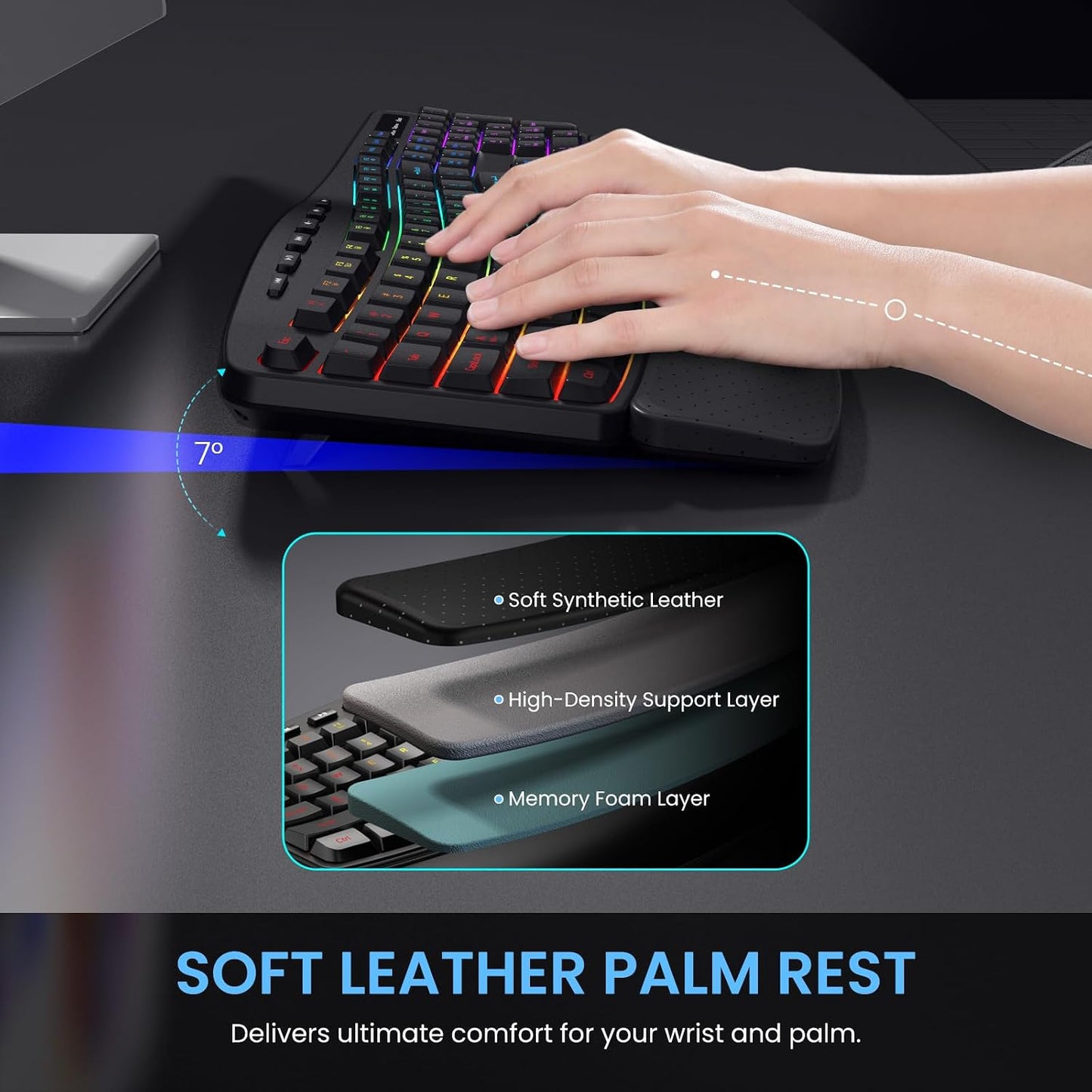 COLIKES Wireless Ergonomic Keyboard, Backlit Keyboard Silent with 15 RGB Lighting Effects, Leather Wrist Rest, 2500mAh Rechargeable, Multimedia Keys, Wave Keyboard for PC Computer Laptop Windows Mac