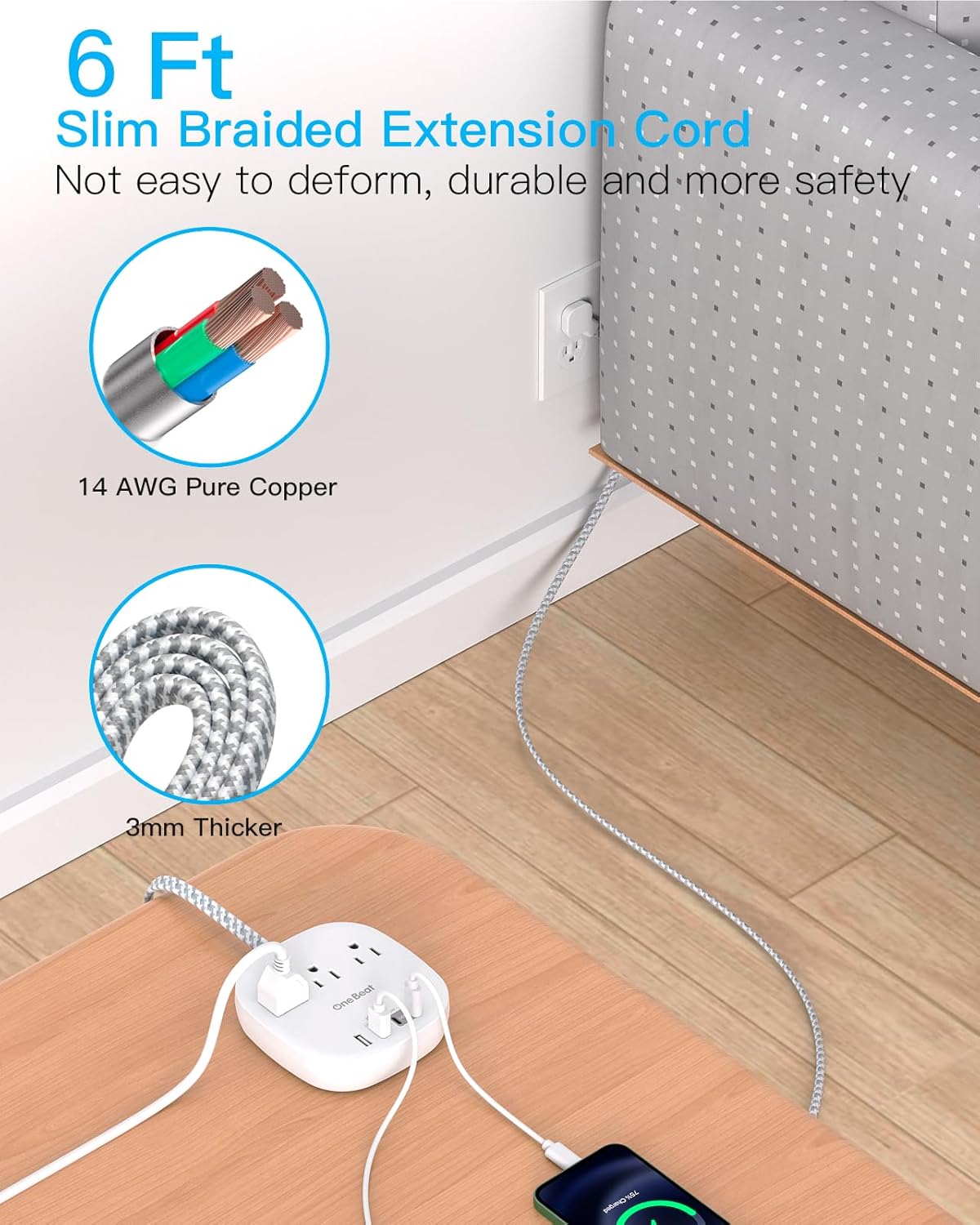 Travel Essentials, 22.5W/4.5A Flat Plug Power Strip, 6 Ft Extension Cord | 3 Outlets 4 USB Ports(2 USB C) Desktop Charging Station, Power Strip No Surge Protection for Cruise Ship, Dorm Room