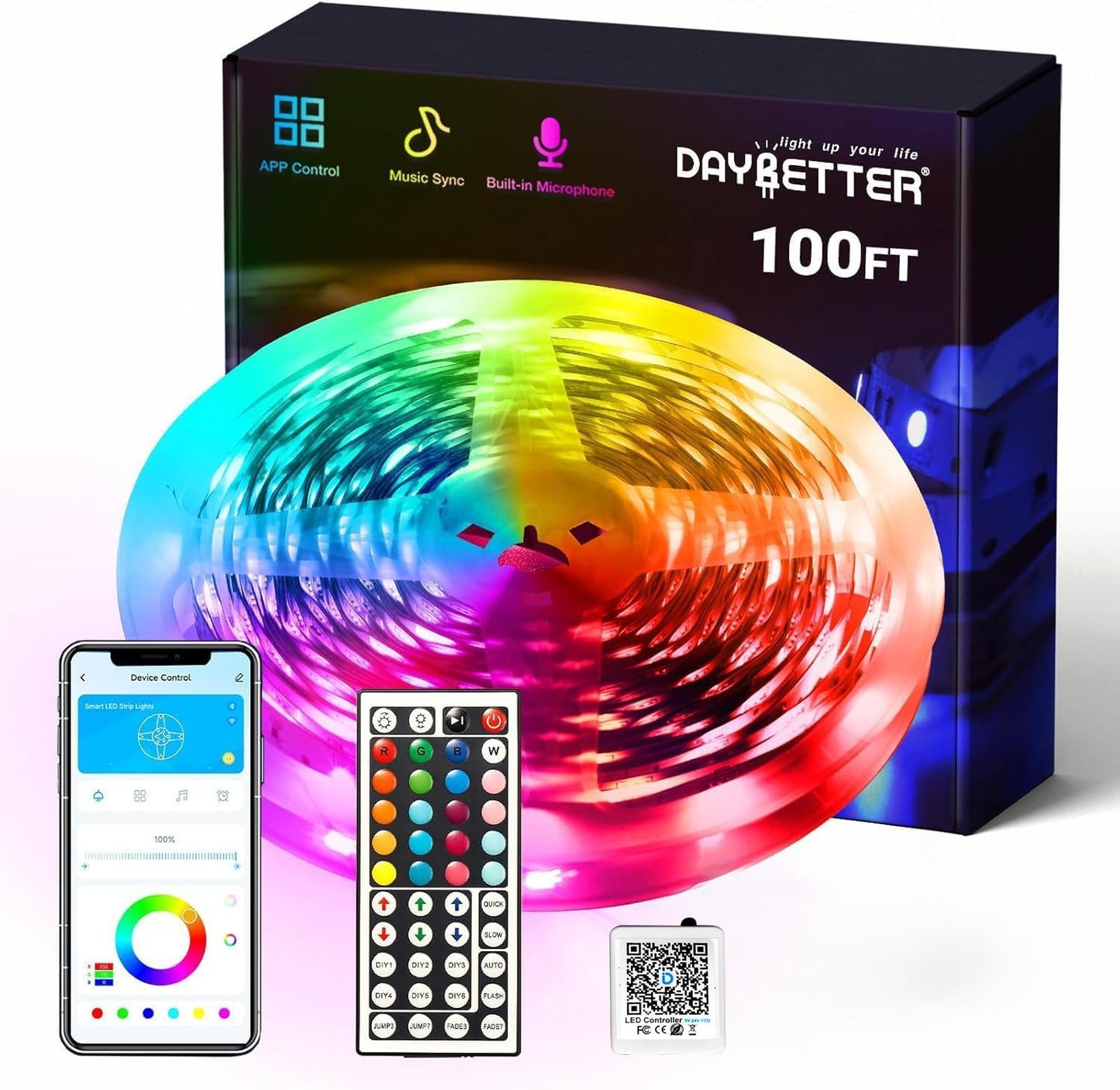 DAYBETTER Smart RGB Led Strip Lights, 50ft Led Lights for Bedroom with App Control, Multicolor Changing Led Light Strips Apply for Home Decor, Living Room, Kitchen, Home Party Decoration