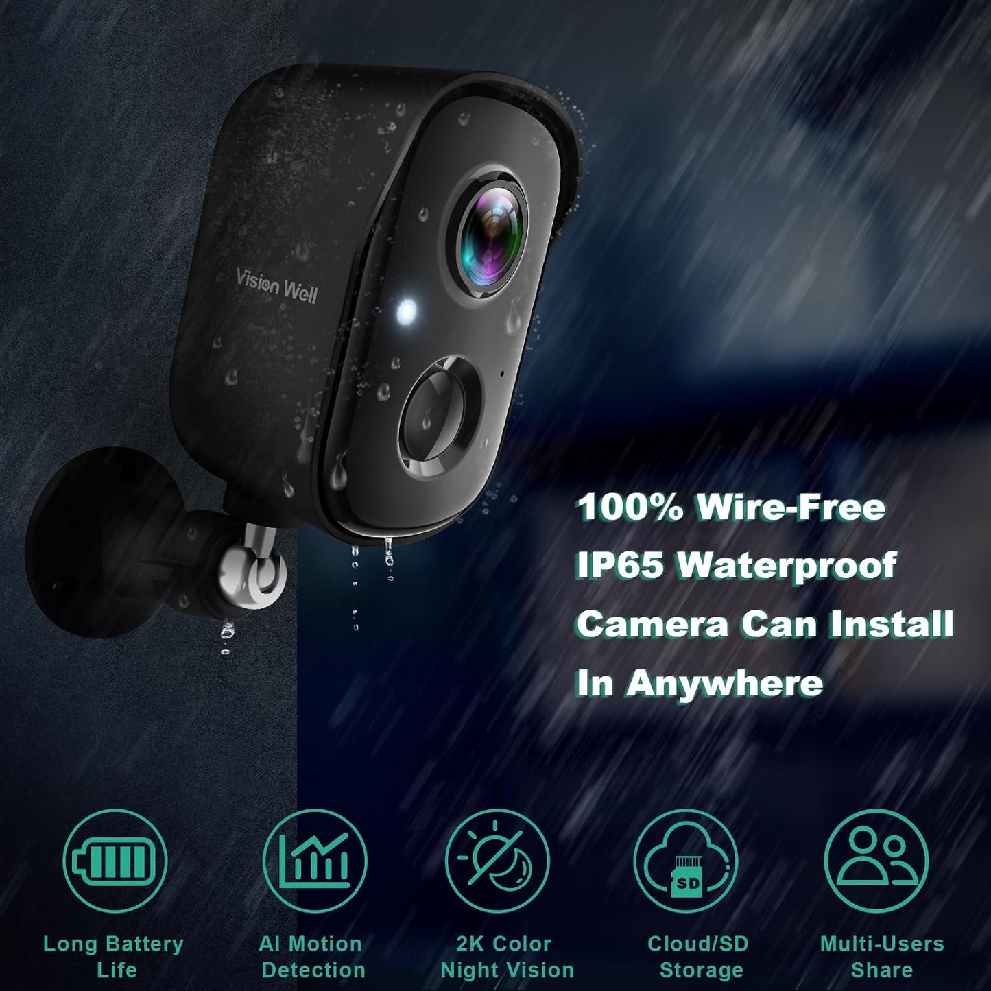Security Cameras Wireless Outdoor, 2K Indoor Cameras for Home Security Battery Powered, AI Motion Detection, Color Night Vision, 2-Way Talk, Spotlight Siren Alarm, Cloud & SD Storage-Jet Black Camera