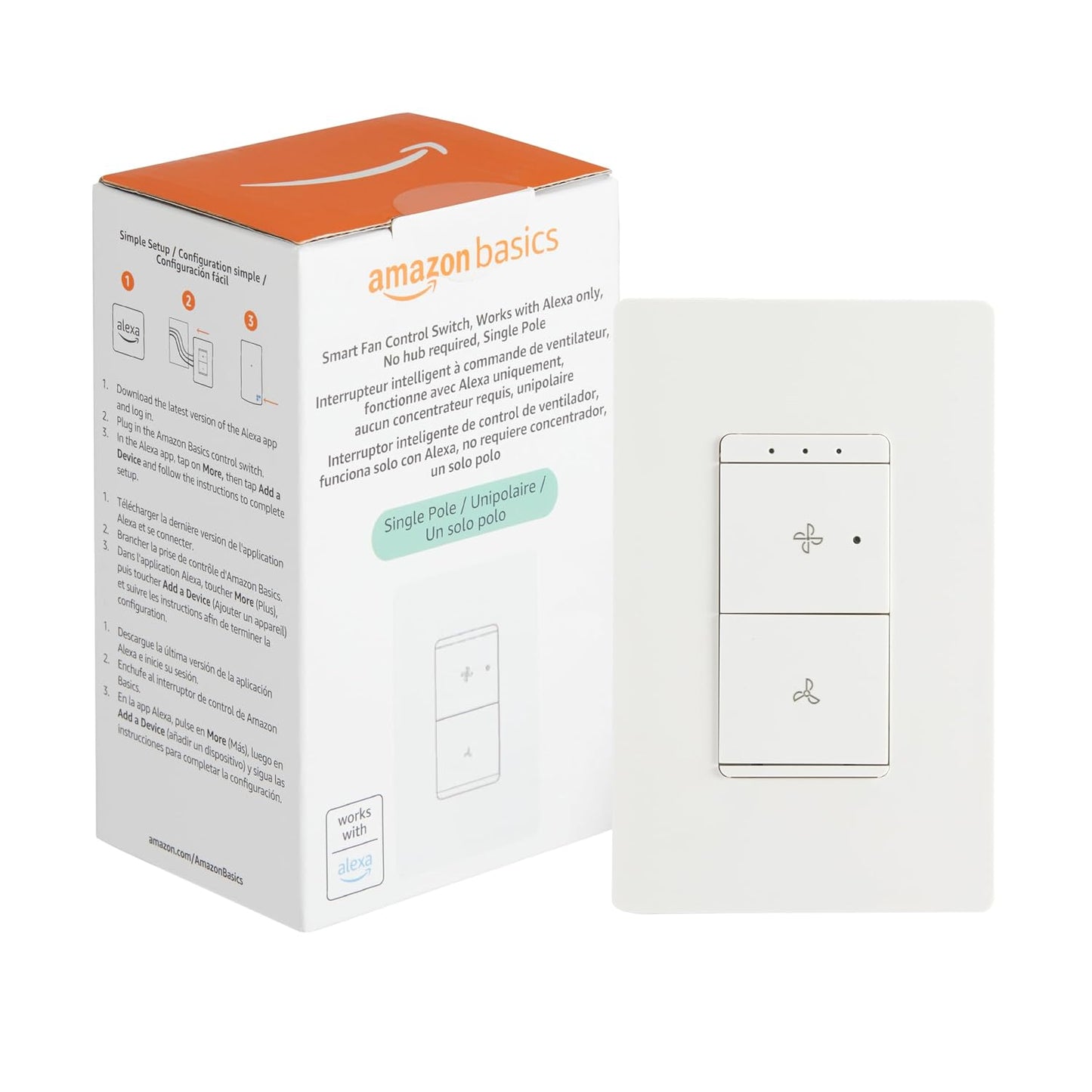 Amazon Basics Smart Ceiling Fan Control Switch, 4-Speed, Single Pole, Voice Control, Works with Alexa Only, Control from Anywhere, 2.4 GHz Wi-Fi, No Hub Required, White