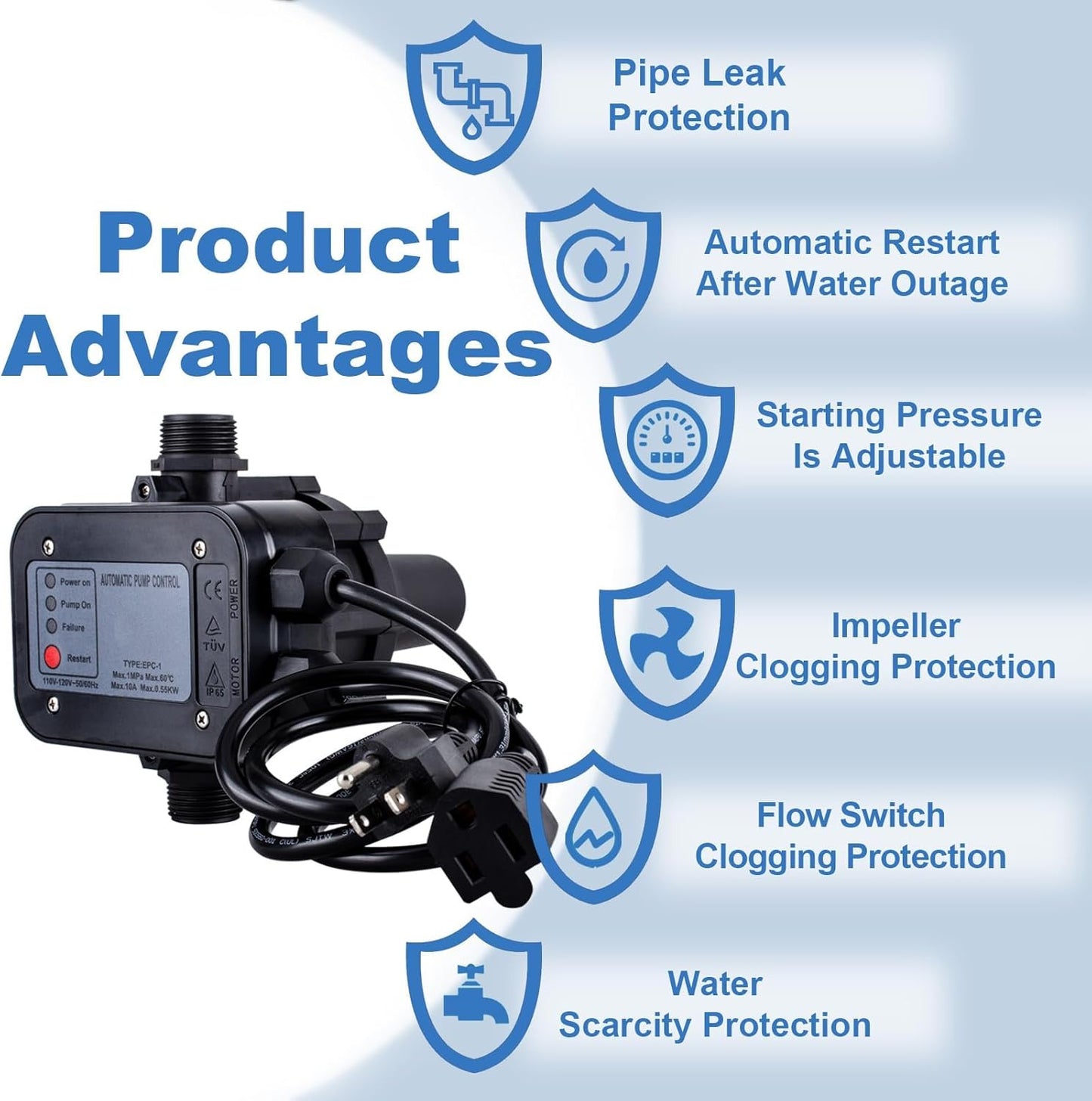 Smart Water Pump Pressure Controller - Automatic Electronic Switch, Adjustable Pressure Range 1.5-2.5bar, Easy Plug-and-Play, 110-120V, Ideal for Various Pump Types