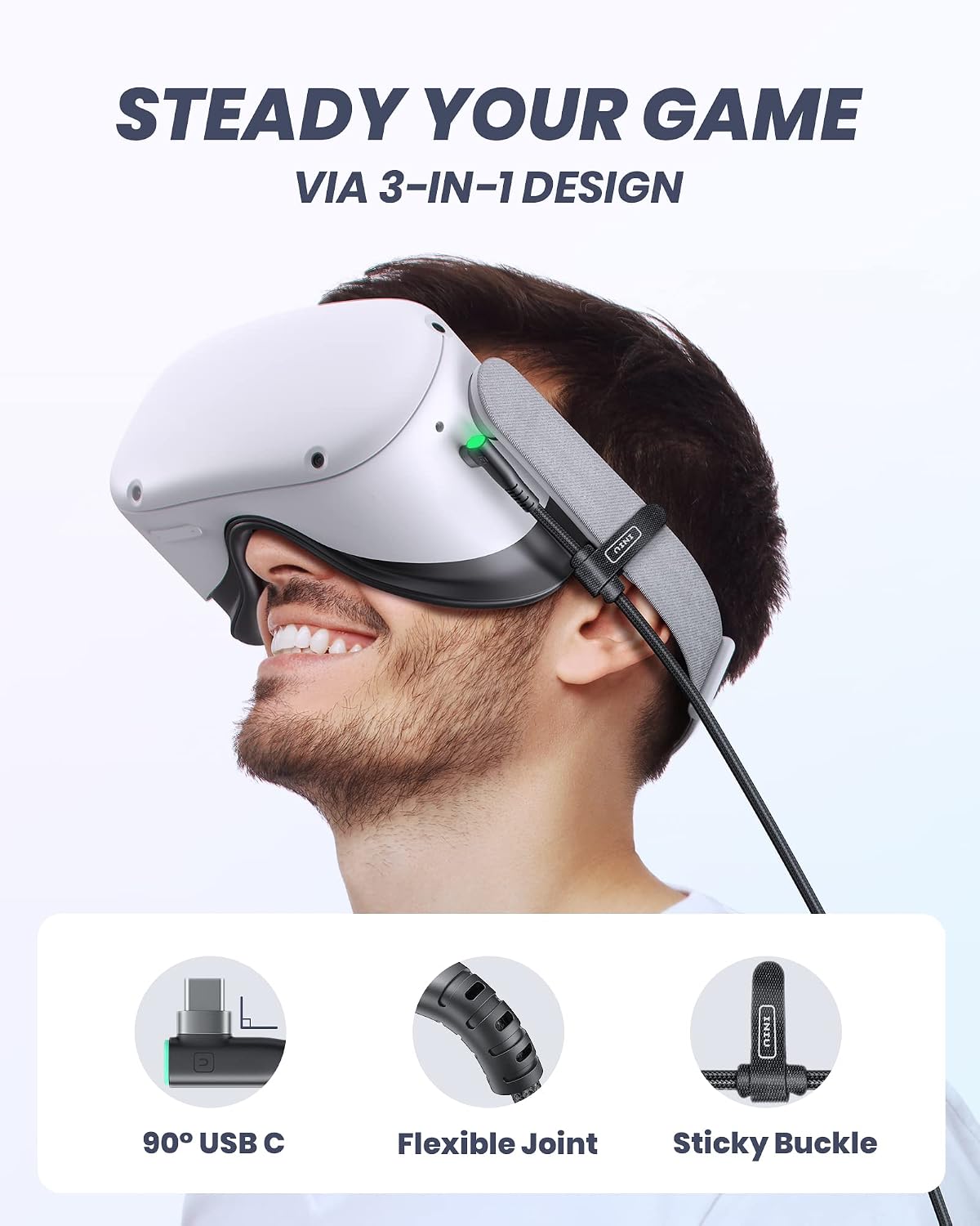 INIU 16ft VR Link Cable with Separate Charging Port, USB 3.0 to USB C Cable | USB 3.0 High Speed & Charging, Compatible for Virtual Reality Headset, Meta Quest 3S, Quest Pro, Pico 4, Steam VR, Gaming PC