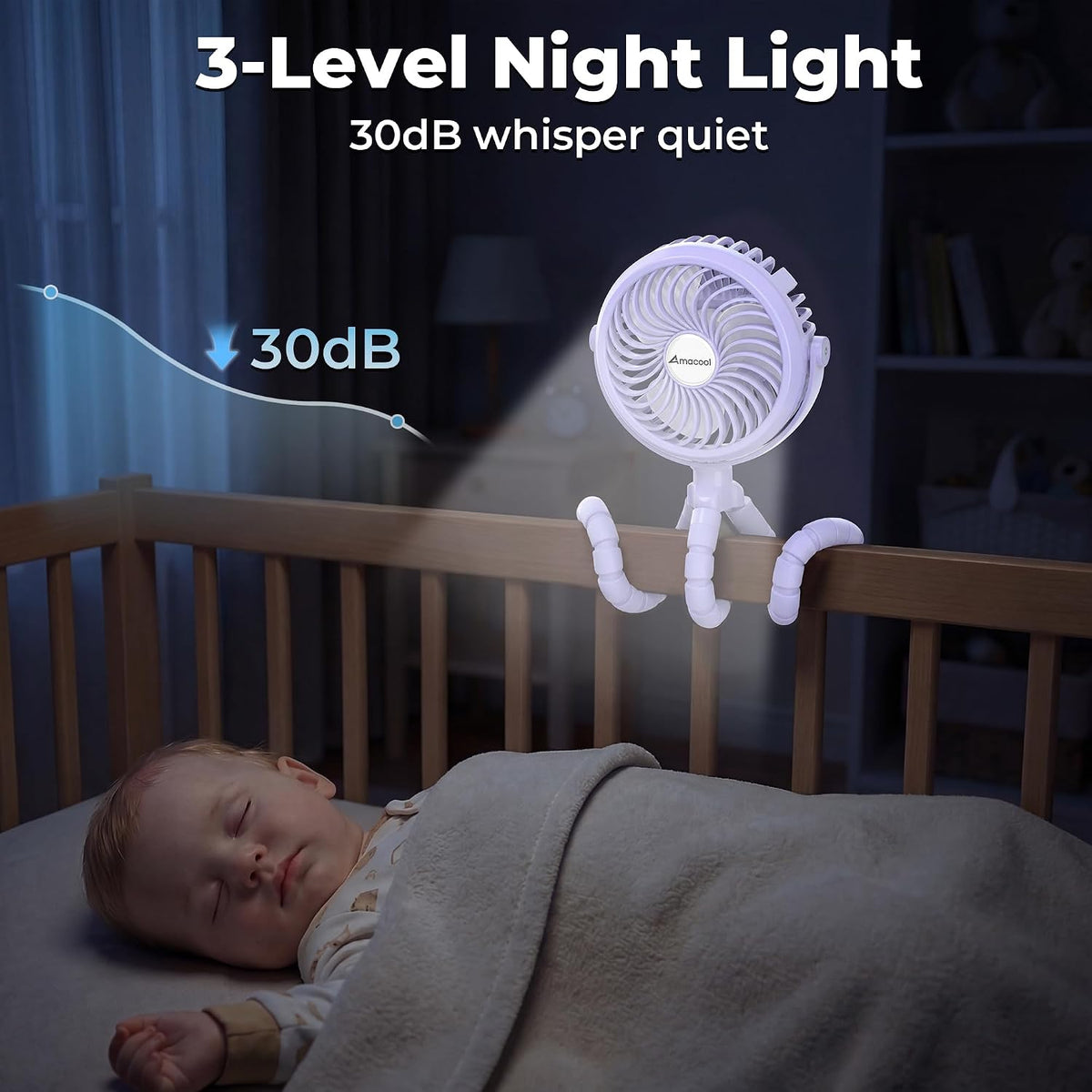 AMACOOL Battery Operated Stroller Fan, Portable Clip On Fan Rechargeable | Baby Travel Essentials for Beach Disney, Newborn Boy & Girl Gifts Registry Search, Cooling for Car Seat Wagon Crib Treadmill
