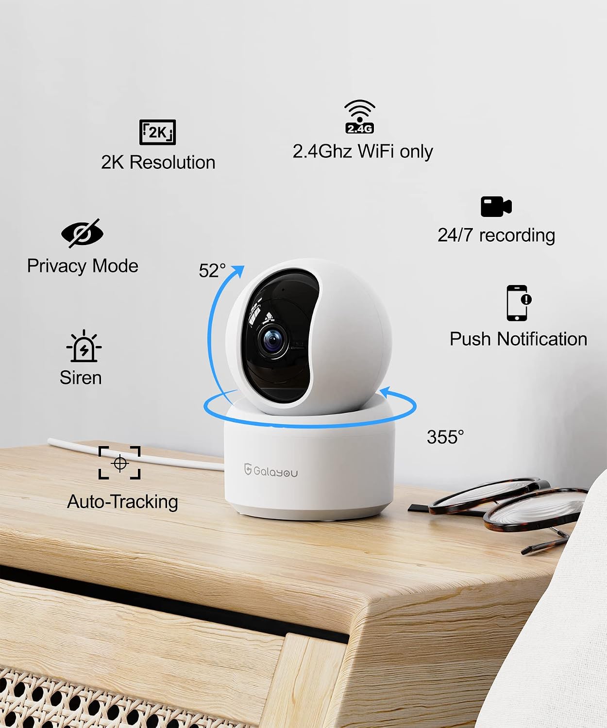 GALAYOU Indoor Cameras for Home Security/Baby Monitoring in 2K, G2 2Pack | Pet/Nanny Camera/Baby Monitor with Night Vision, Siren, 24/7 TF Card Storage, PTZ, Two-Way Talk, Wired Plug, 2.4Ghz Wi-Fi