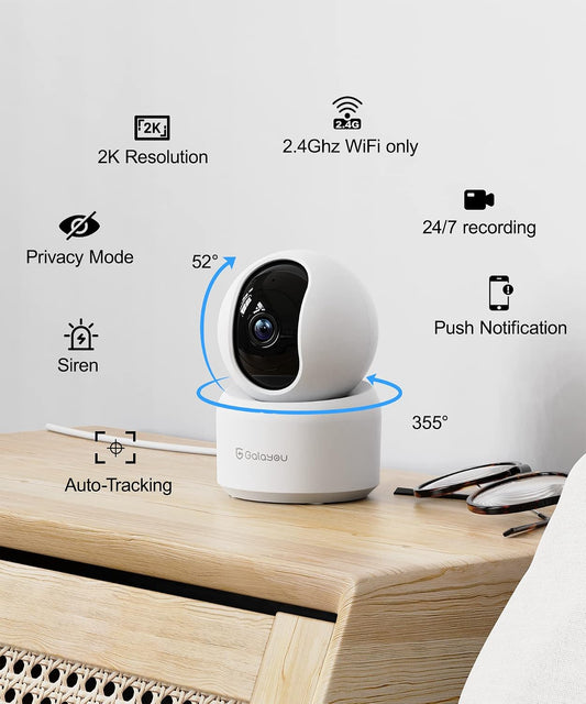 GALAYOU Indoor Cameras for Home Security/Baby Monitoring in 2K, G2 2Pack | Pet/Nanny Camera/Baby Monitor with Night Vision, Siren, 24/7 TF Card Storage, PTZ, Two-Way Talk, Wired Plug, 2.4Ghz Wi-Fi