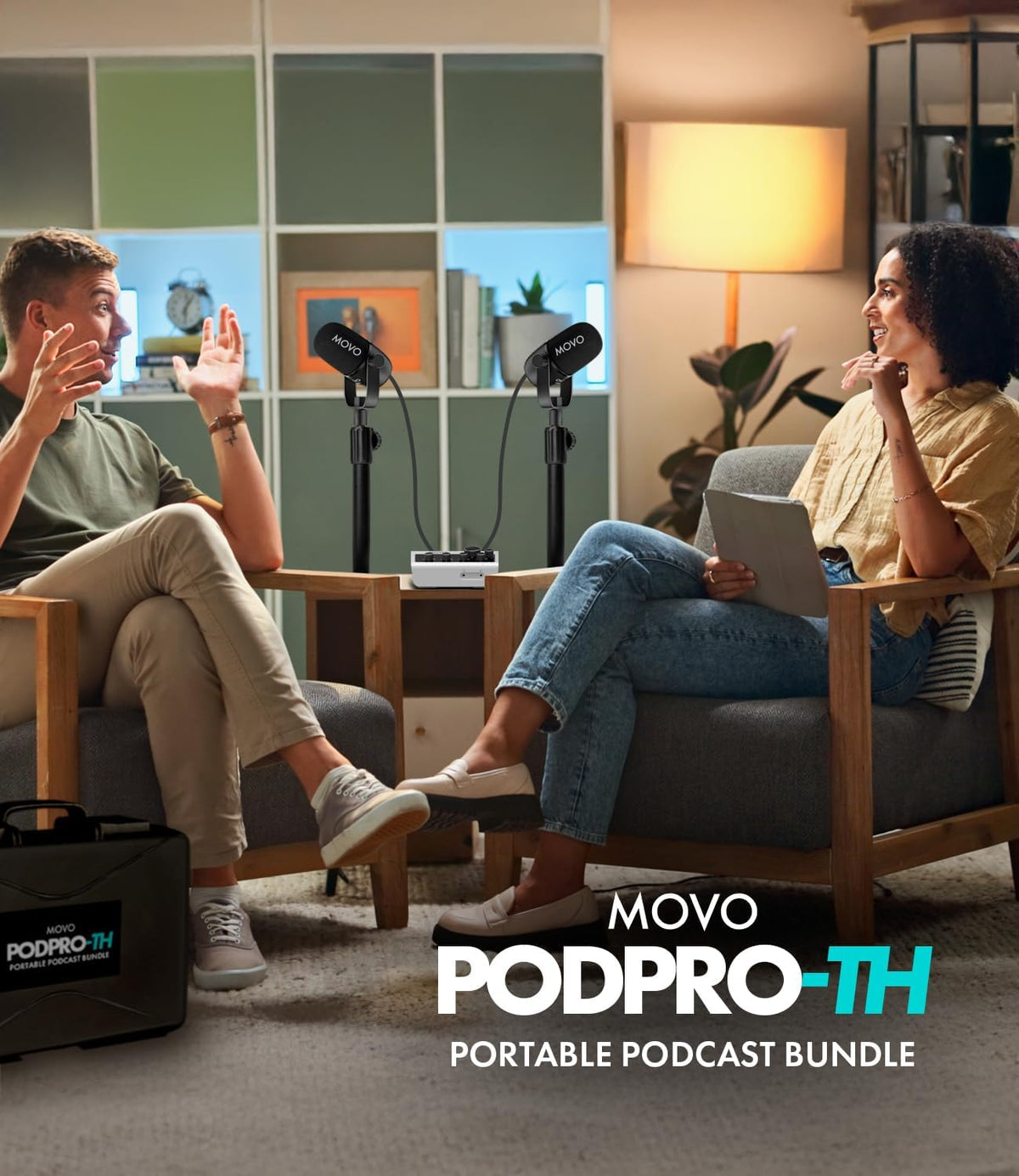 Movo Portable Podcast Equipment Bundle for iPhone/Android Phones- Podcast Kit with Audio Interface, 2 CastMic Dynamic Mics, 2 Stands - For Smartphones, Computers (with Desk Stands and Headphones)