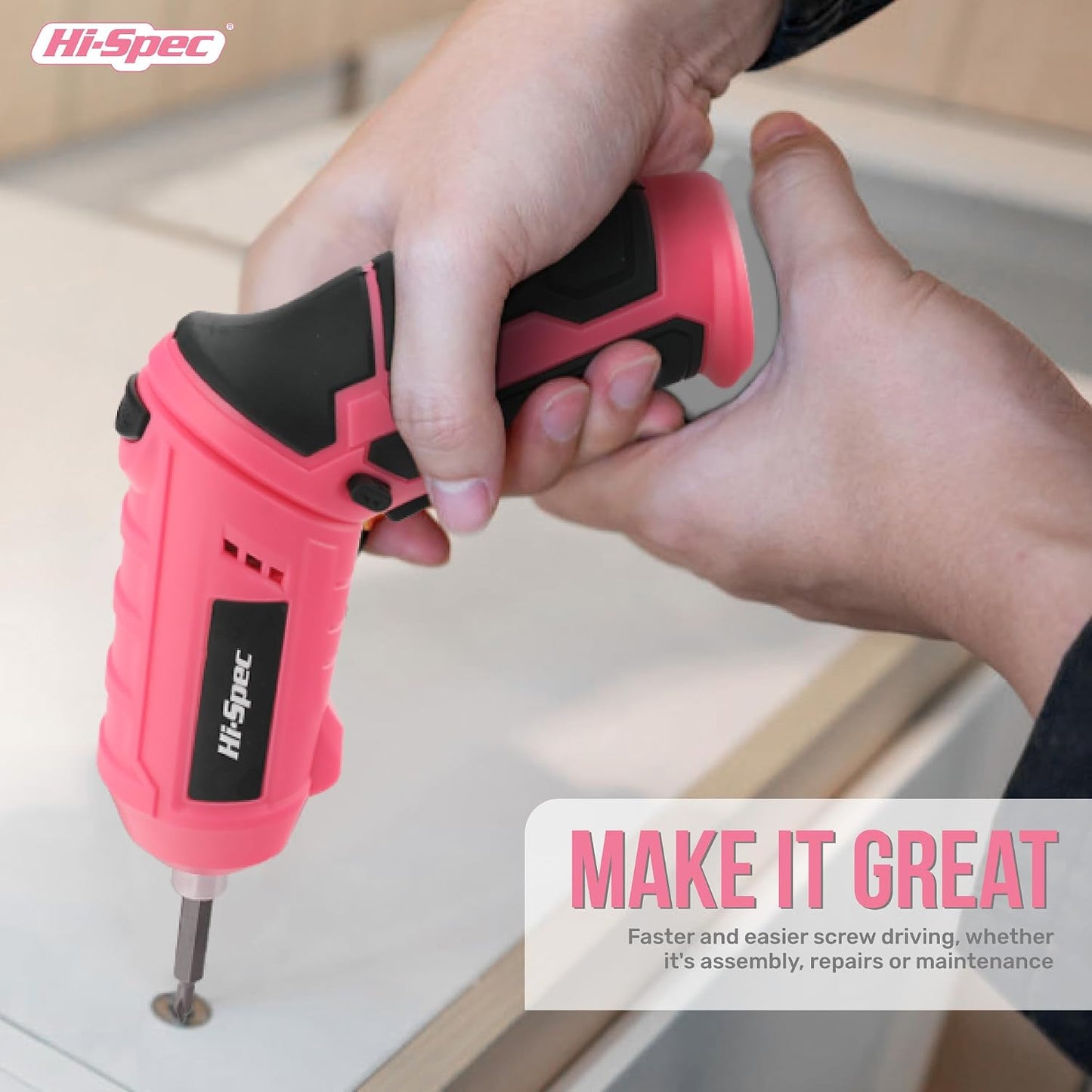 Hi-Spec 4V USB Electric Screwdriver Tool Kit for Home Repairs, Pink | 42pc, fast assembly help, common screw bit selection, LED visibility, compact grip, quick household fixes, organized storage