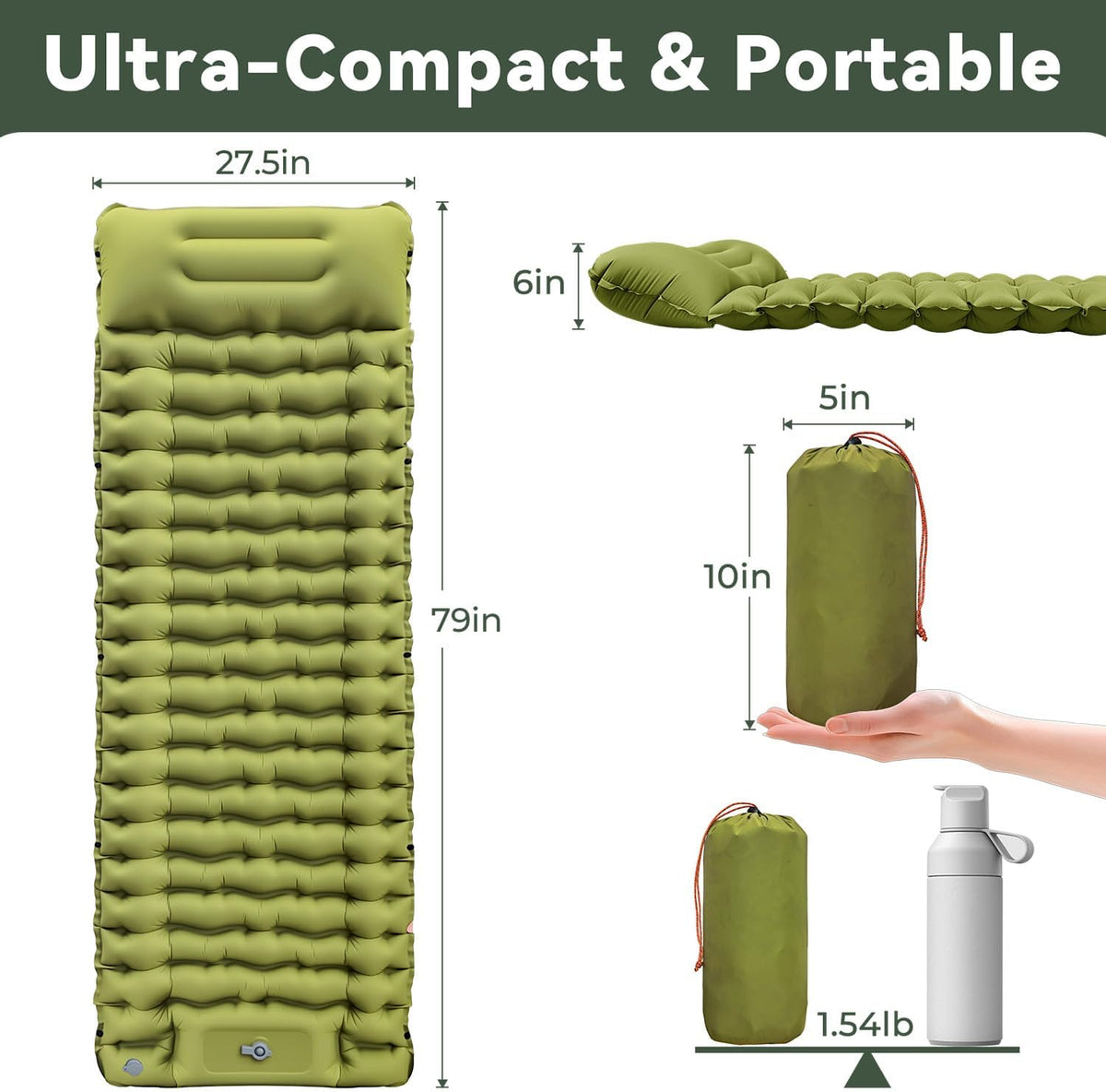 Sleeping Pad for Camping, Built-in Foot Pump with Pillow | Ultralight Inflatable, Extra Thick Compact Camping Mattress for Camping, Hiking, Backpacking, Tent Use, Single, Green