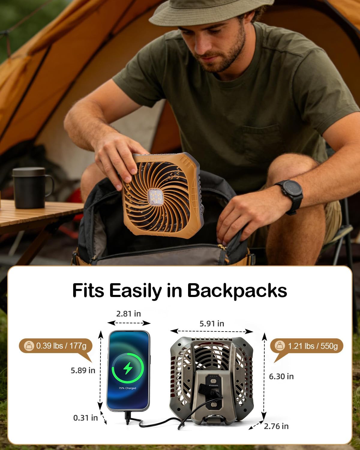 Odoland Portable Camping Fan with LED Lantern, 40H Rechargeable Battery Fan | Quiet Tent Fan with Hanging Hook for RV Car Beach Outdoor Hurricane Emergency Outages, 4-Speed Wind & 3-Color Light, Brown