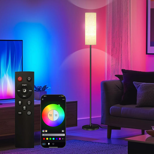 Qaubauyt Smart LED Floor Lamp with APP Control & RGB Colors - Dimmable Standing Lamp for Living Room, Bedroom, Gaming - Remote, Timer, 9W Bulb Included, 67" Modern Tall Lamp (C:Black Beige)
