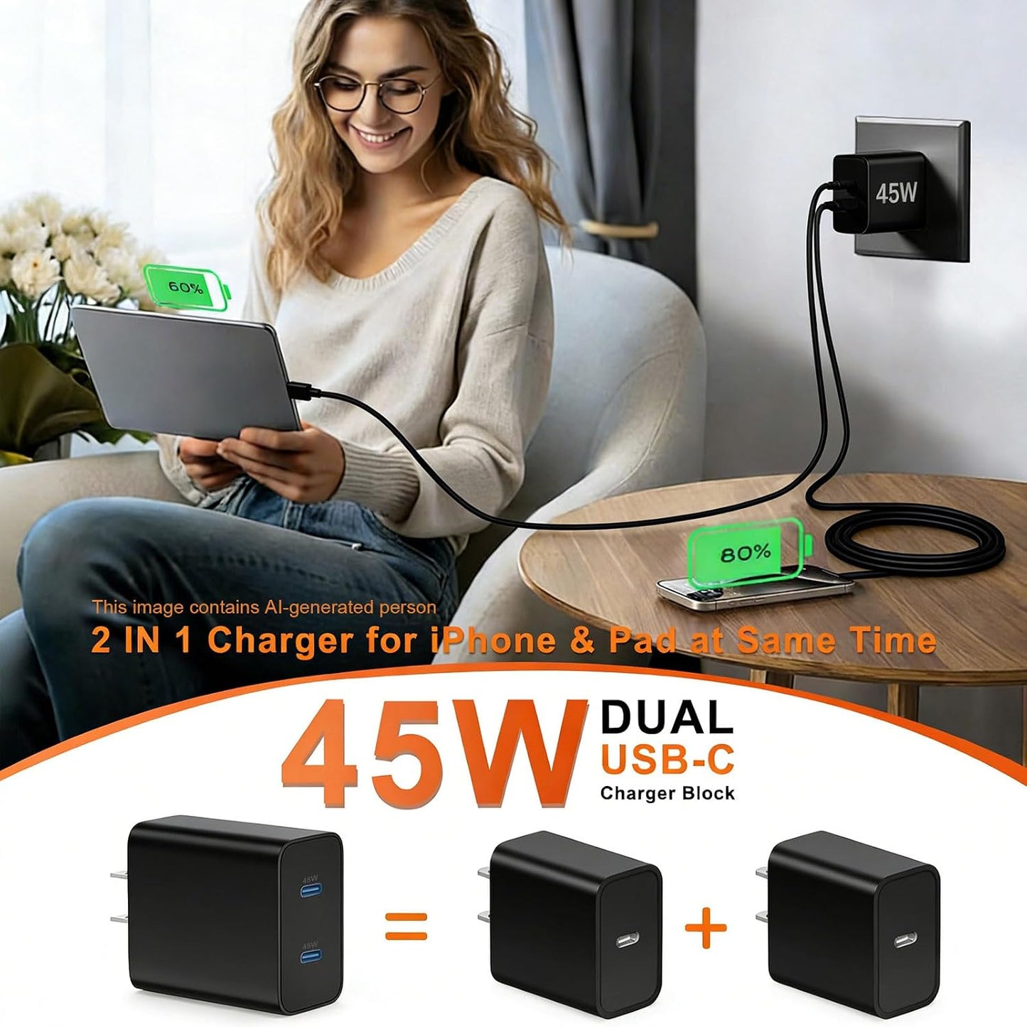 45W Dual Type C Charger Fast Charging for Samsung,PD 3.0 GaN Super Fast Android Phone Charger Block with Long USB C Cable 10FT/6FT for Galaxy S25/S25 Ultra/S25+/S24+/S23/S22/for iPhone 17/16/15 Series