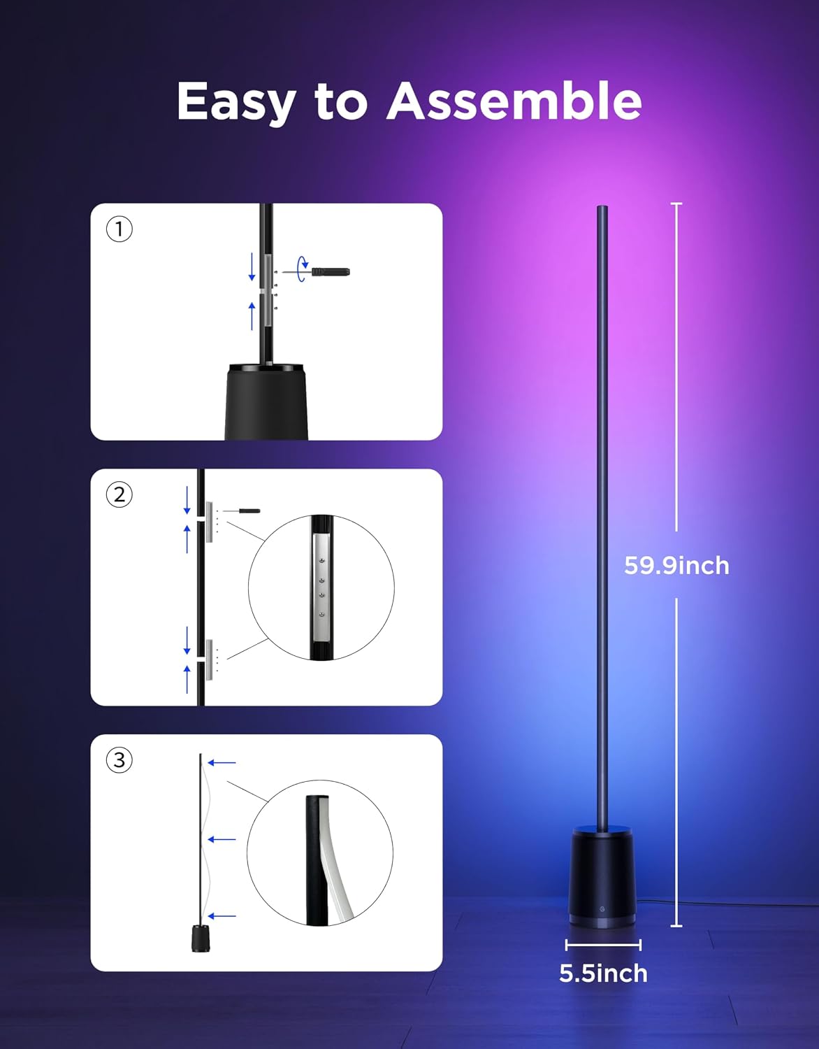 Govee Floor Lamp 3 Lite, Smart RGBIC LED Corner Lamp for Living Room | Compatible with Alexa, SmartThings, Matter, 1400lm Dimmable Color Changing Tall Standing Light with Music Sync for Bedroom