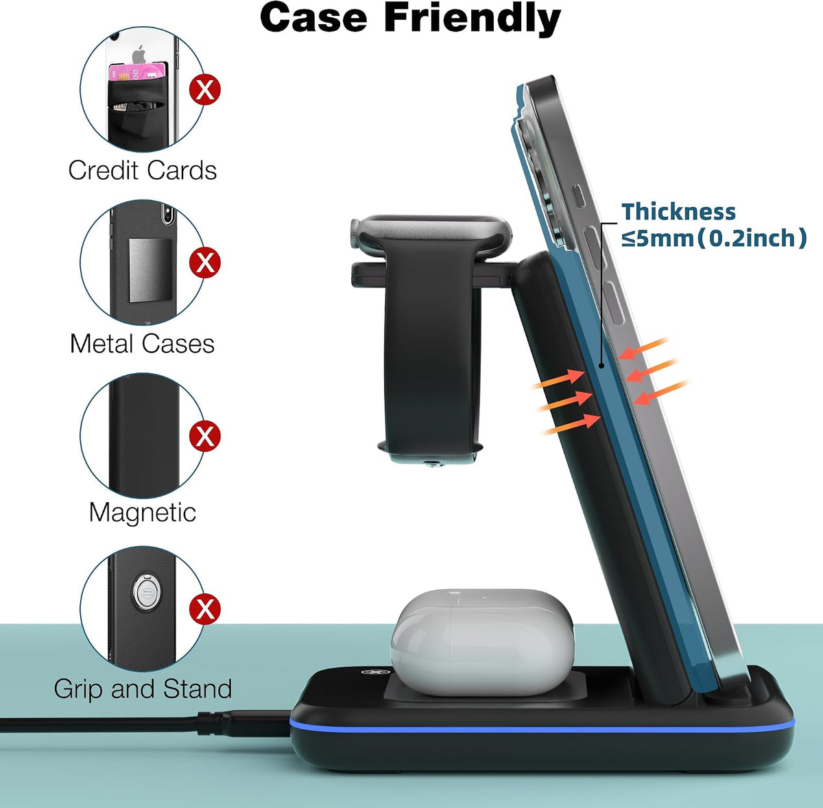 Wireless Charger for iPhone, Foldable 3 in 1 Fast Charging Station/Stand/Multi Charger for iPhone15 14 13 12 11/Xs/XR/X/8, Travel Pad for Apple Watch S8/Ultra/7/6/5/4/3/2/SE, Airpods 2/3/Pro/Pro 2