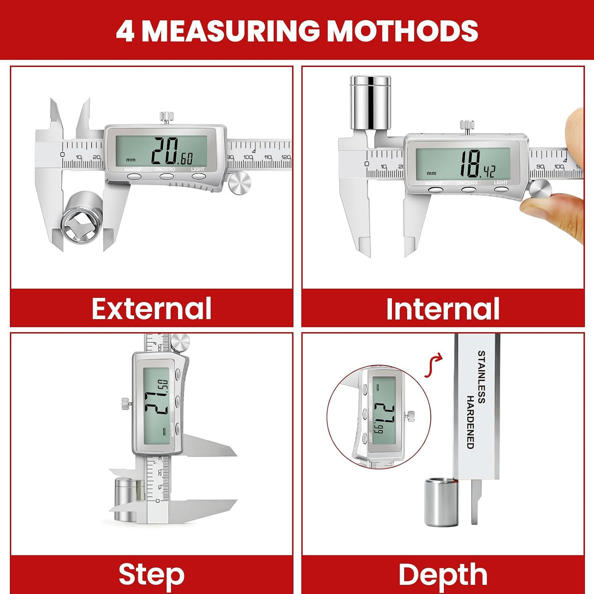 Digital Caliper 6 Inch, Rechargeable Calipers with Backlight LCD Screen, Stainless Steel Caliper Measuring Tool, Auto-Off Micrometer, Inch/MM/Fraction Conversion for 3D-Printing/DIY/Household