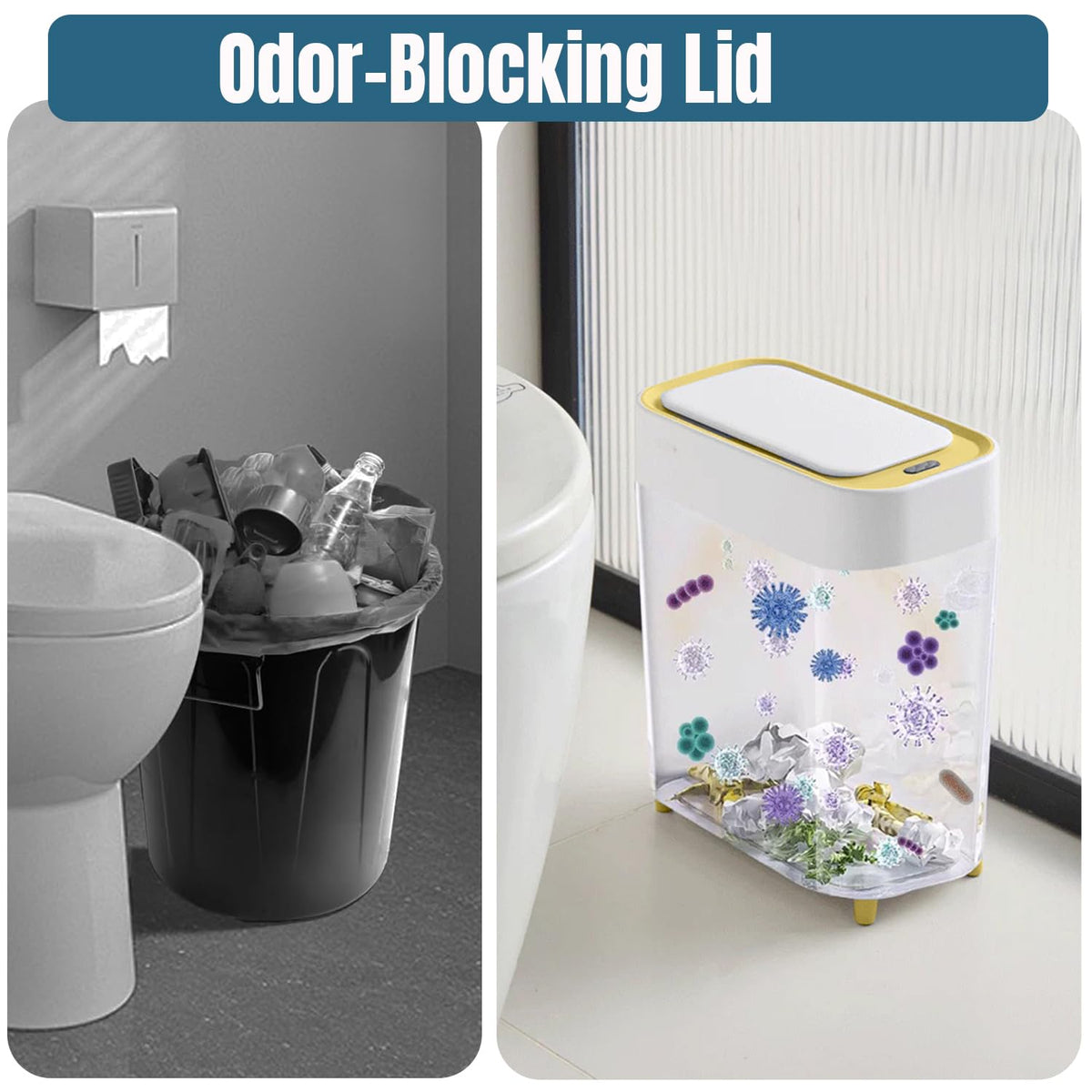 2-Pack Automatic Bathroom Trash Can with Lid, Slim Motion Sensor Garbage Can, Waterproof Touchless Trash Bin, Smart Trashcan for Bedroom, Living Room, Narrow Space, 2.3 Gallon, White+Gold Trim