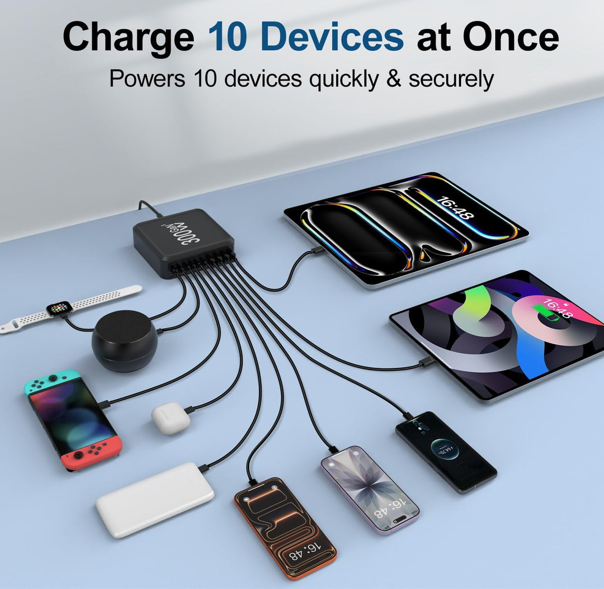 USB Charger Station,10 Port USB C Charger Block with 6FT/10FT Cables,300W GaN Type C Charging Hub iPhone Charger Fast Charging for iPhone 17 16 15 Pro Max Plus,Galaxy S25 S24 S23,iPad Pro/Air,Tablet