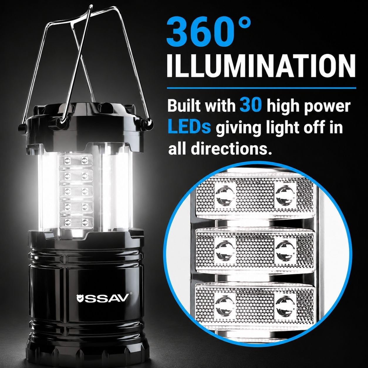 SSAV LED Camping Lantern, Emergency Lanterns for Power Outages & Hurricane Preparedness, Collapsible Portable Survival Lights for Camping, Storms & Emergencies, Batteries Included (4, Black)