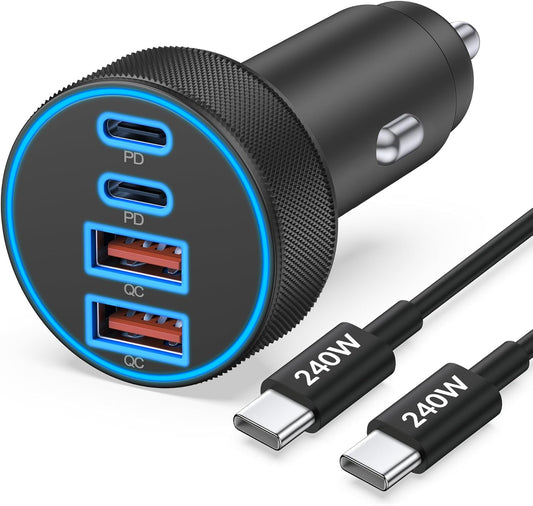 iPhone 17 16 15 Car Charger Fast Charging, 90W 4Port USB C Fast Car Charger | Cigarette Lighter Adapter, with 240W 3FT USB-C Cable, for iPhone 17/Air/17 Pro Max/17e/16/15 Pro Max/Plus/16e, iPad, Android