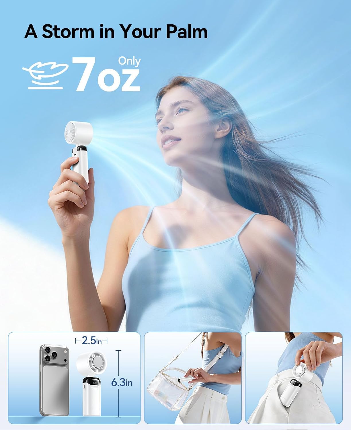 KIMMOO Handheld Portable Turbo Fan with Ice Cooler, Powerful 21000 RPM, Speed (1-199), Up to 14Hrs Cooling, Rechargeable Personal Fan, Small Pocket Hand Fans for Travel/Outdoor/Home/Office (White)
