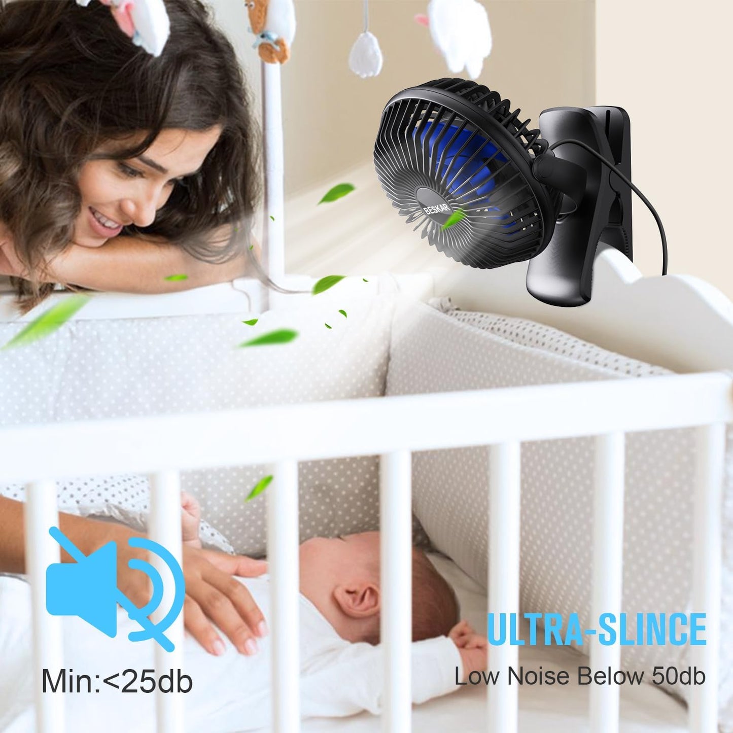 BESKAR USB Clip on Fan, Portable Small Desk Fan with Cord Powered | 3 Speeds Strong Airflow, Sturdy Clamp, Ultra Quiet Personal Cooling Fan for Office Dorm Bedroom Stroller