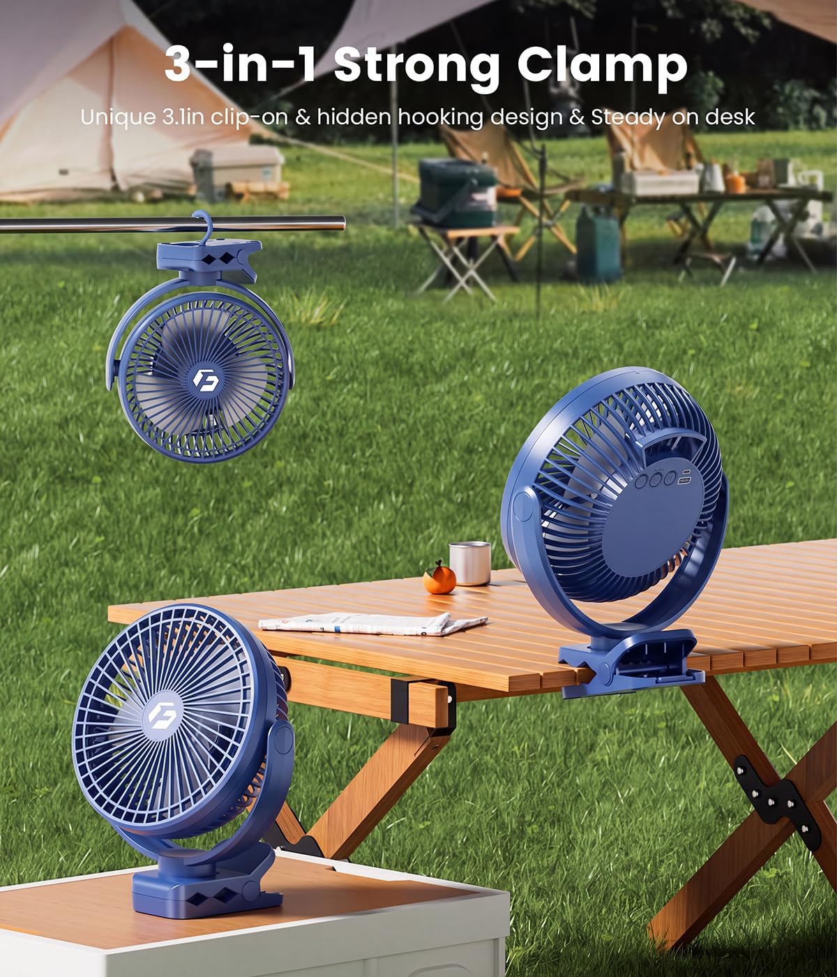 40000mAh Clip on Fan for Golf Cart, Up to 127Hrs Portable Rechargeable Fans | 8-inch Desk Fan with 3 Speeds, 9 LEDs, Timers, Hook, Battery Operated Fan for Office,Desk,Camping,Treadmill,Tent, Dark Blue