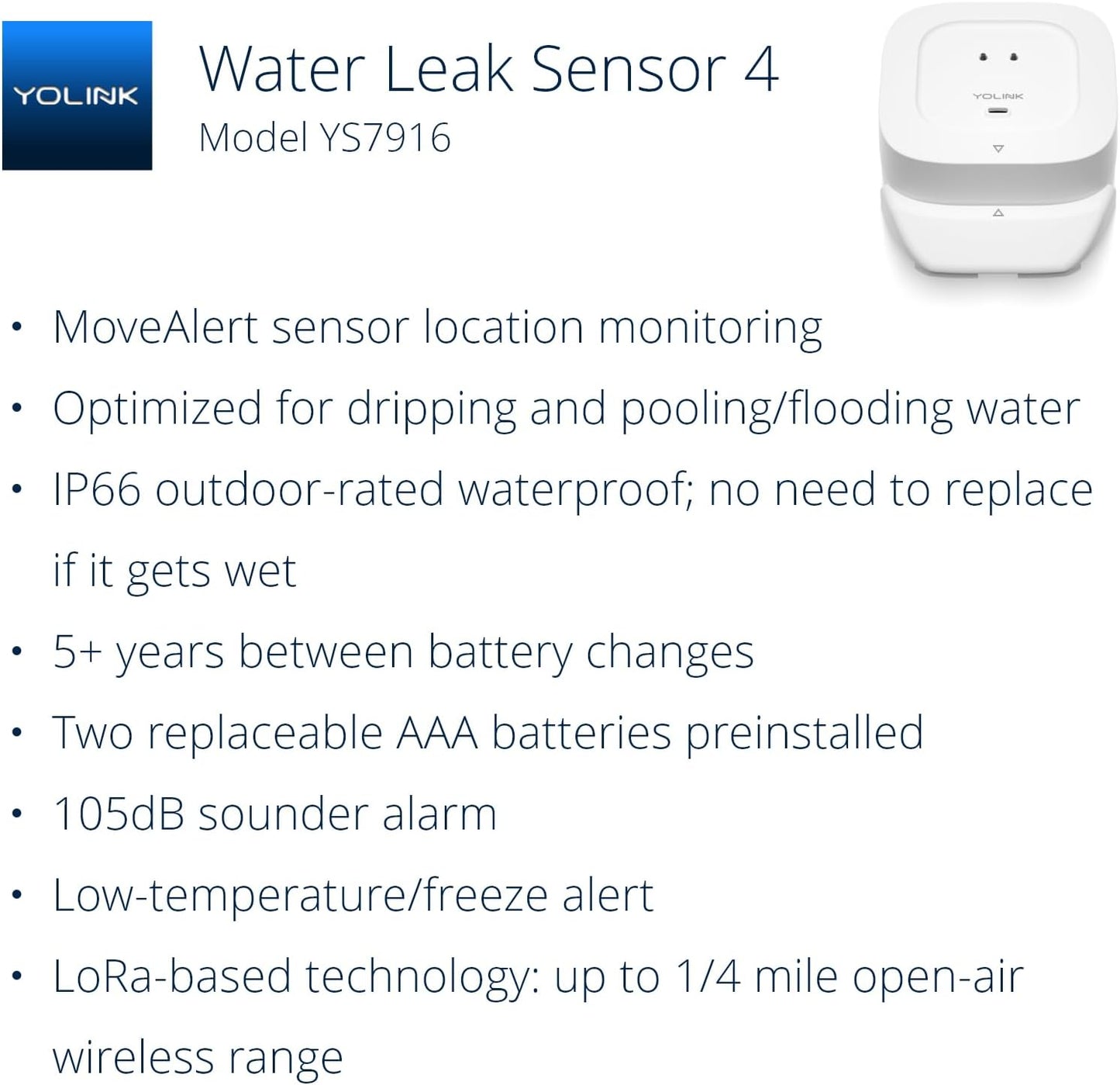 YoLink Water Leak Detector 4 with 105dB Audio Alarm, App Push, Email Alerts and Limited Text, MoveAlert Function, Freeze Warning Water Sensor Alarm w/ Alexa, IFTTT - 1/4 Mile Long Range, Hub Required