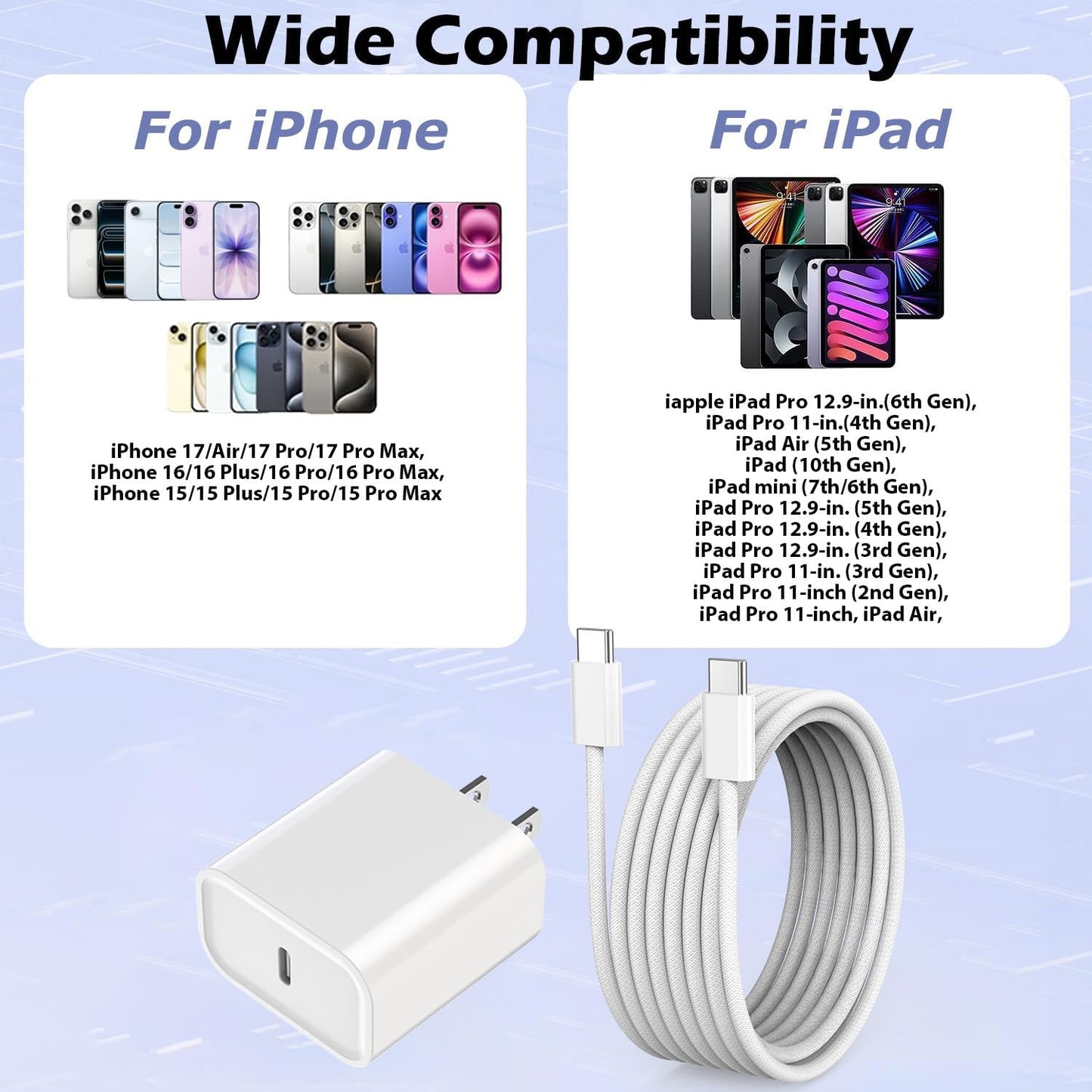 [Apple MFi Certified] iPhone Air/17 Charger,USB C Fast Charging 2Pack 20W Apple Charger Type C Block 6FT USB C to C Woven Cable for iPhone 17 Pro Max/16 Plus/16 Pro Max/15 Pro Max,iPad Pro/Air/AirPods