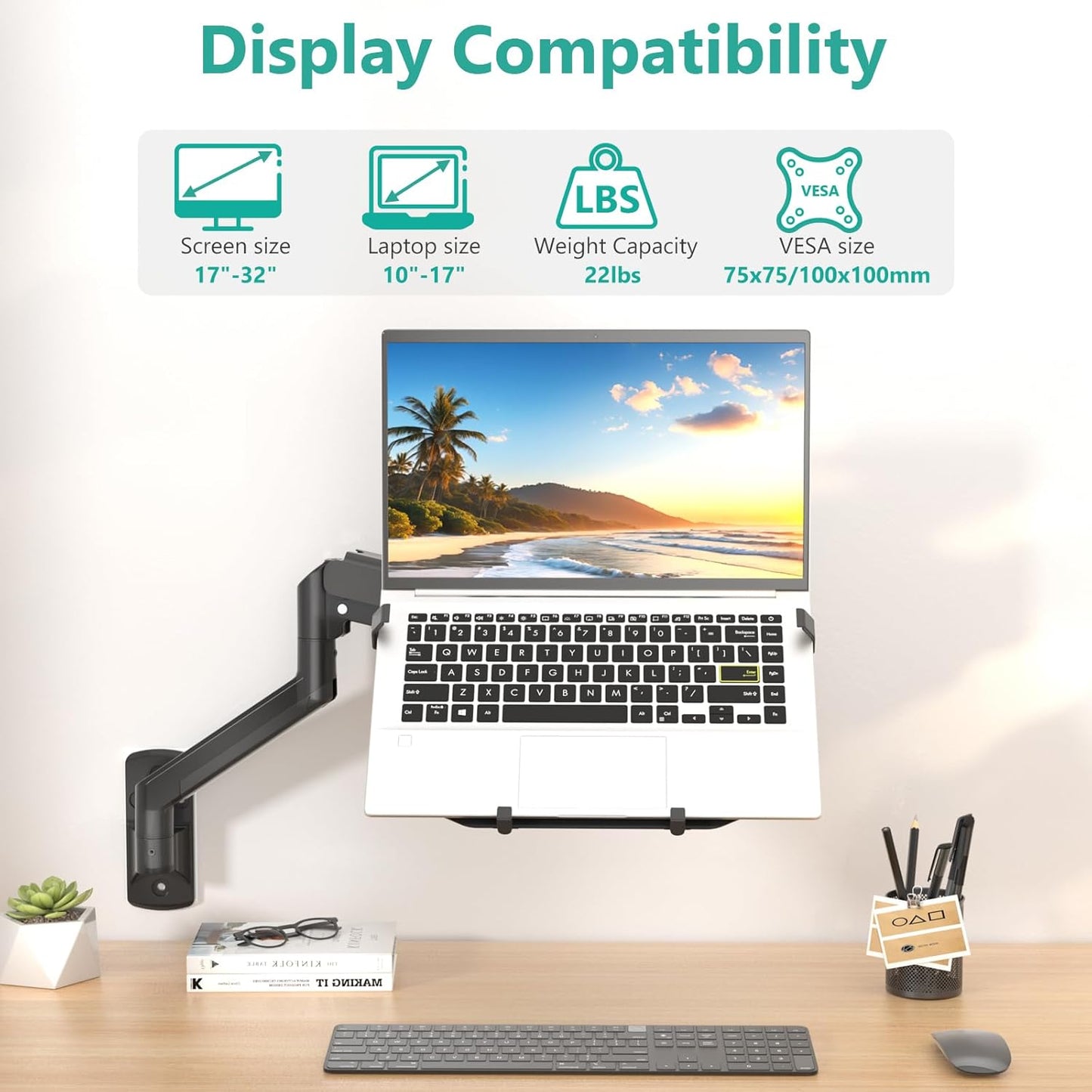 WALI Laptop Wall Mount for 17" Notebook and Up to 32" Screen | Full Motion Adjustable Monitor Wall Arm with Laptop Tray, VESA 75x75/100x100mm, Up to 15.4-22 Lbs (GSWM001LP), Black