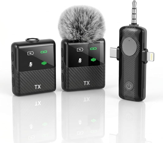 DORNLAT Wireless Lavalier Microphone, 3 in 1 Plug Play Lapel Mic for iPhone/Android/Camera, Noise Cancelling, Mini Compact Lavalier Mic for Vlog, YouTube, TikTok, Live Streaming, Record Interview