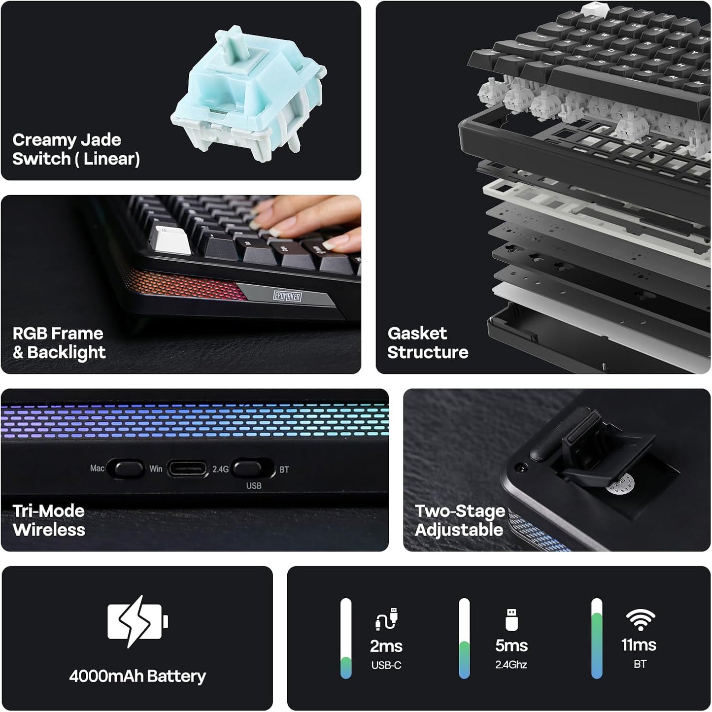 EPOMAKER TH85 QMK/VIA Wireless Gaming Keyboard, BT5.0/2.4GHz/USB-C | Hot-Swap Pre-lubed Custom Creamy Jade Linear Switches, Gasket Creamy Keyboard for PC/Mac/Office/Gaming (Black)