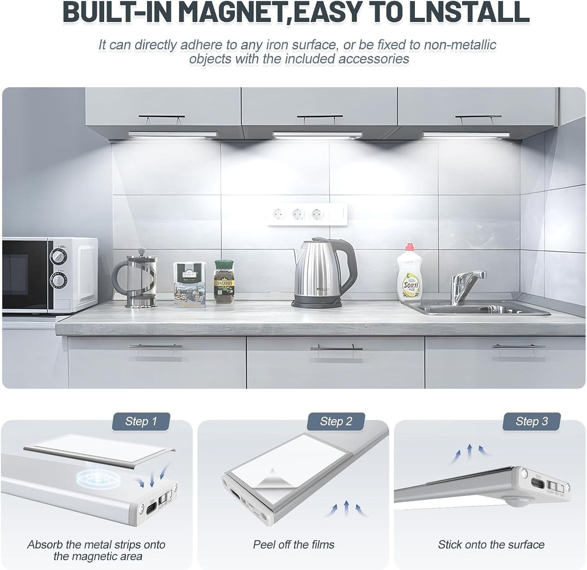 6 Pack Under Cabinet Lighting Wireless, 68 LED Rechargeable Battery Motion Sensor Light Indoor, Stick On Magnetic Closet Lights, Under Counter Lights for Kitchen, Stairs, White 16 in