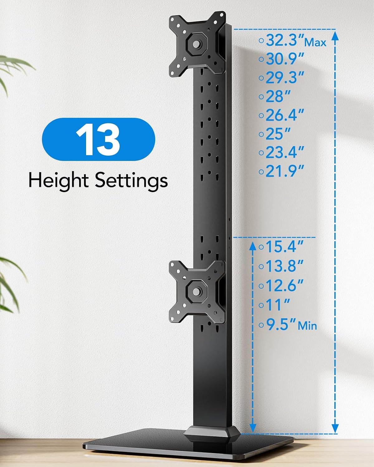 HUANUO Dual Monitor Stand for 13 to 34 Inch, Max Load 44 lbs, Vertical Monitor Mount, Freestanding Monitor Riser with Swivel, Tilt, Rotation, 13 Height Settings, Max VESA 100x100