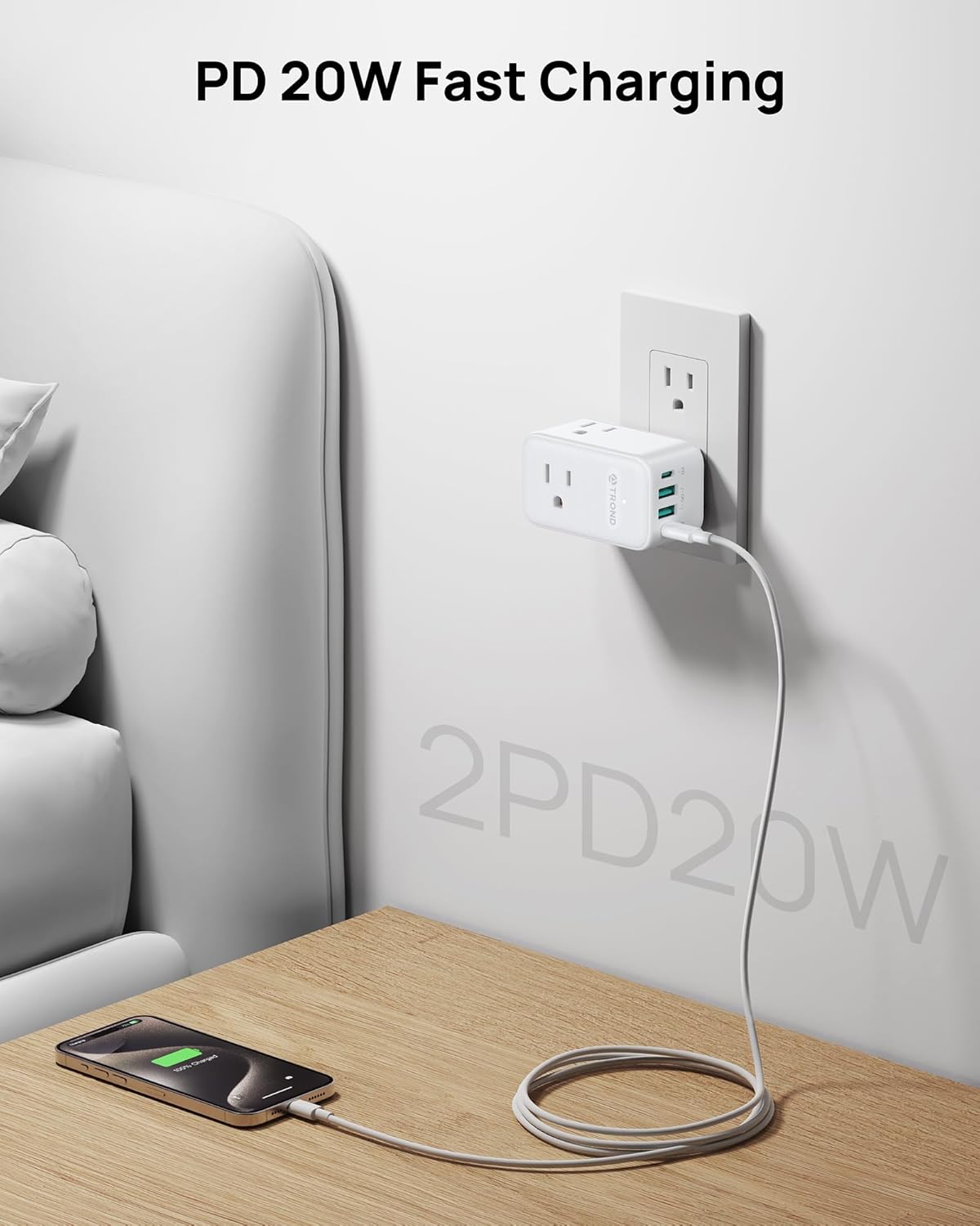 TROND Multi Plug Outlet Extender with 2 PD 20W USB C Charger and 3 Outlets | 360 Rotating Plug, 4 USB Plug Adapter, 2 USB C and 2 USB A, A Small Charging Station for Kitchen Bathroom Cruise Essentials