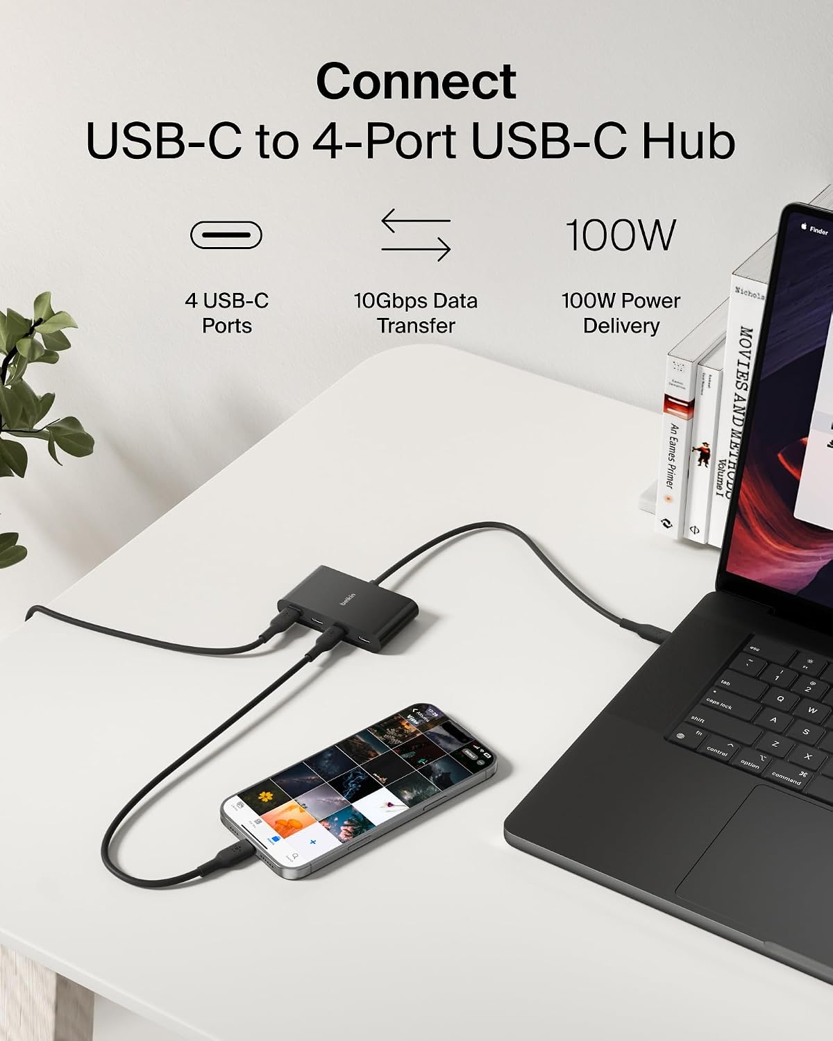 Belkin Connect 4-Port USB-C Hub - USB C Hub Multiport Adapter Dongle with 4 USB-C 3.2 Gen 2 Ports - High-Speed 10G Data Transfer for Laptop, MacBook, iPad, PC, and More - 100W PD