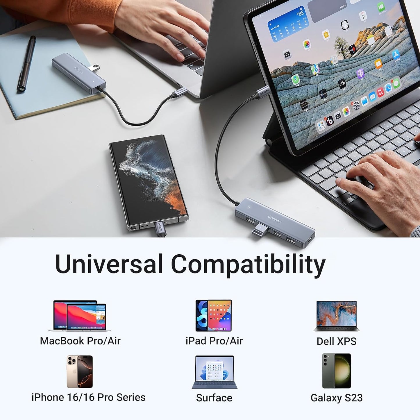 UGREEN USB C to USB A Hub, 4xUSB 3.0 Ports, 5Gbps Data Transfer,0.5ft Cable | USB-C 5V/2A Power Port for Laptop, MacBook Pro/Air, Mac Mini M4, iMac, iPad Pro, Chromebook, Dell XPS, Galaxy S23, and More