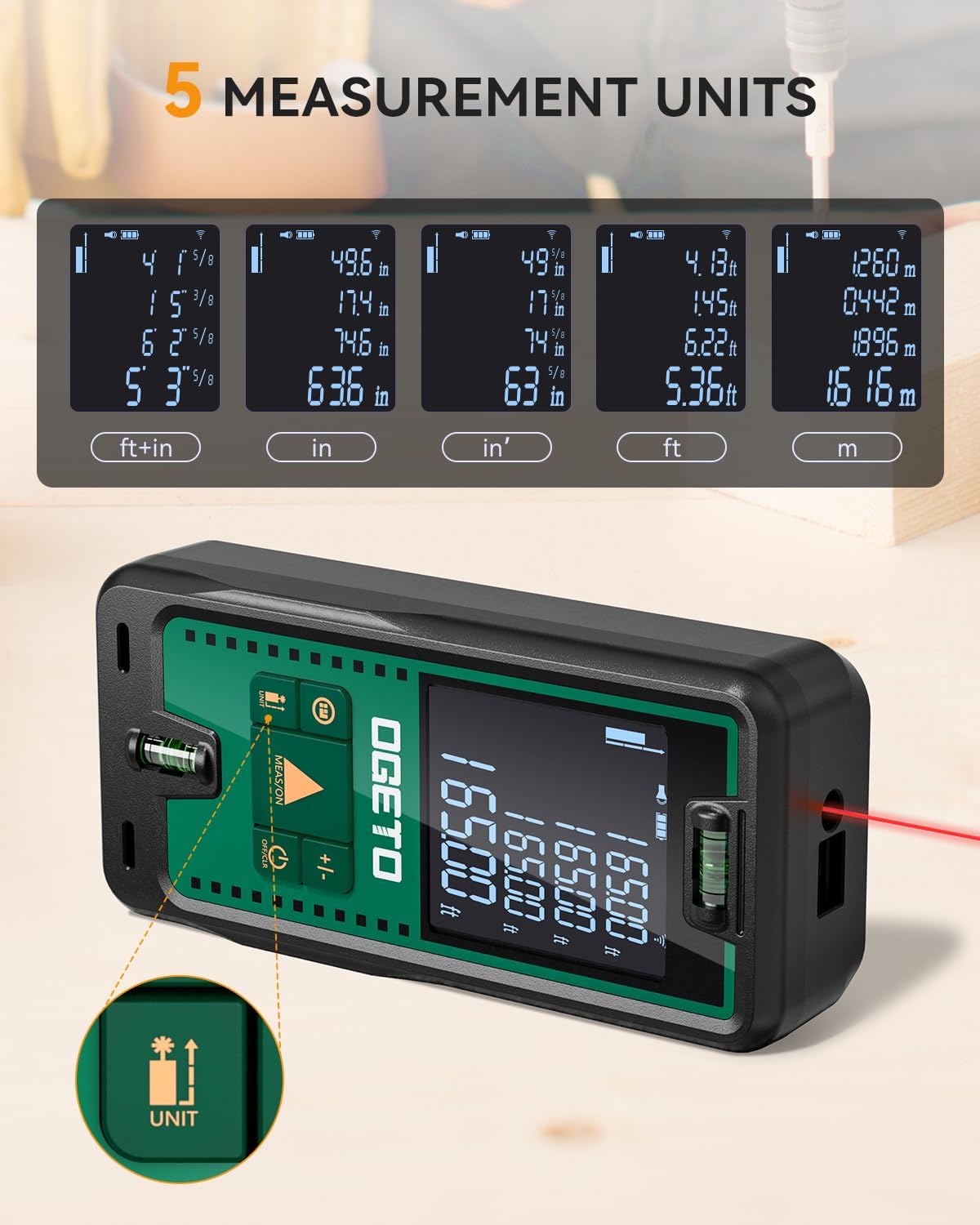 Laser Measure, Ogeto 165 Feet Digital Laser Distance Meter with 2 Bubble Levels,M/in/Ft Unit Switching Backlit LCD and Pythagorean Mode, Measure Distance, Area and Volume
