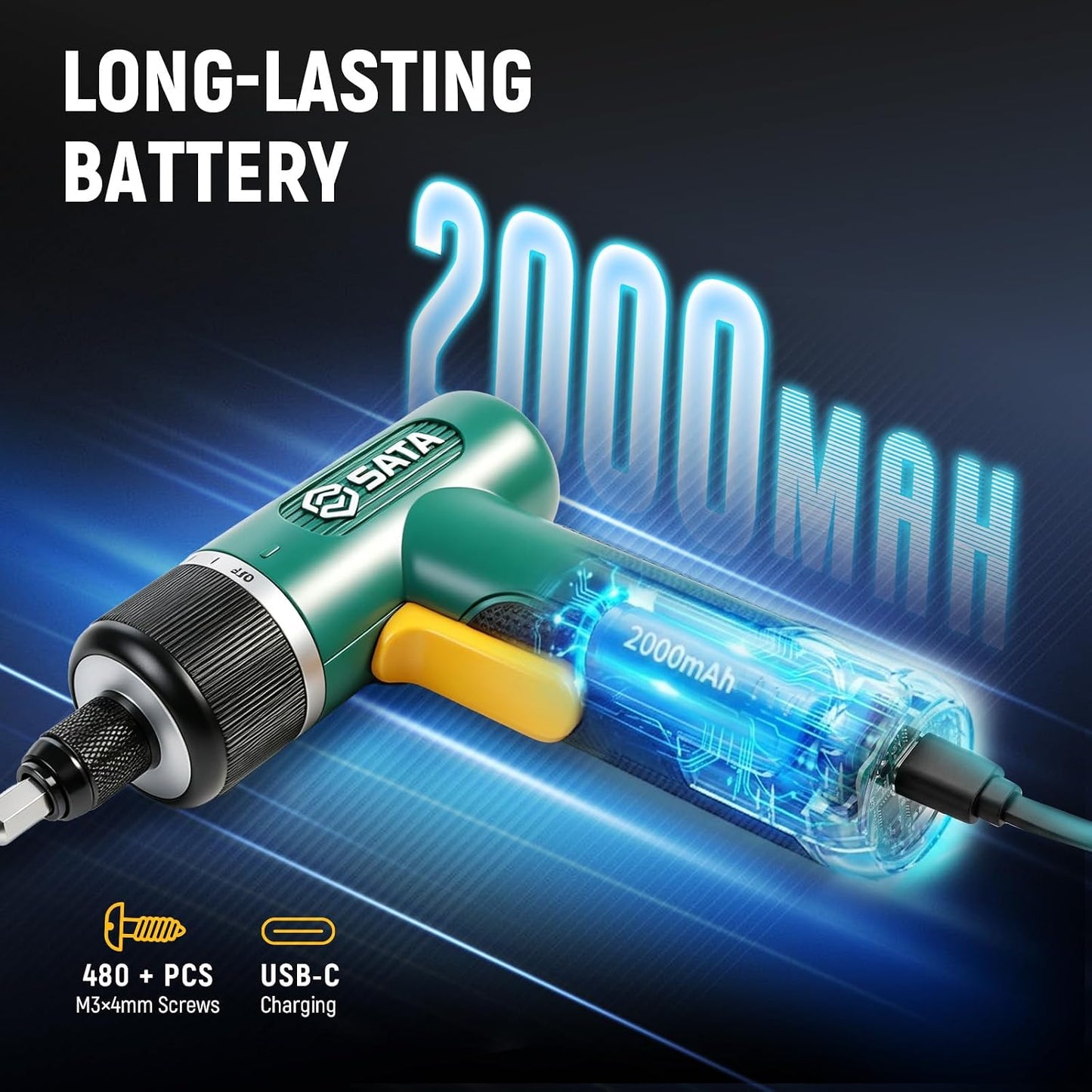 SATA 32-Piece Electric Screwdriver Set, 3.7V Cordless Screwdriver with 1/4" Hex Chuck, 2000mAh USB-C Rechargeable Battery, Up to 5N·m Torque for Furniture Assembly, Home Repair & Garage Projects