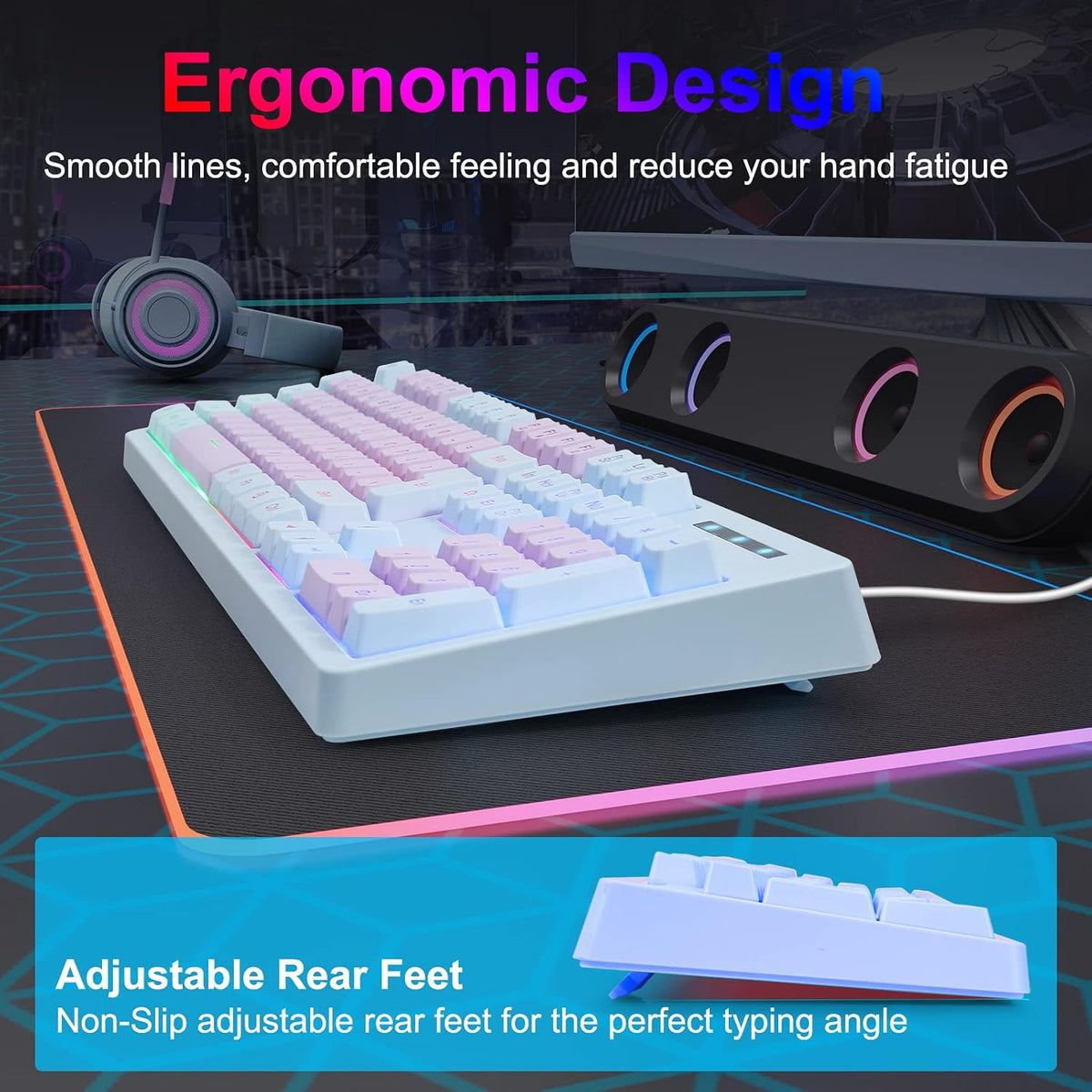 HUO JI Wired Gaming Keyboard with Rainbow LED Backlit, Purple Blue | Floating Keys, Mechanical Feeling, Spill Resistant, USB Ergonomic for Xbox, PS Series, Desktop, Computer, PC
