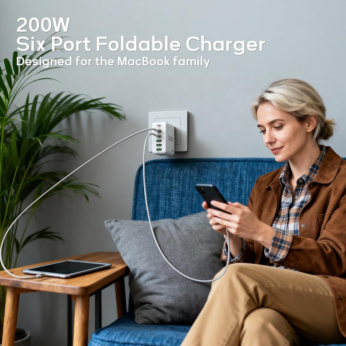 2 Pack USB C Charger Block 200W 6 Port GaN Super Fast Type C Charger | Foldable PD Charging Station for All iPhone 17 16 /android phone Samsung Galaxy S25/S24/MacBook/ iPad