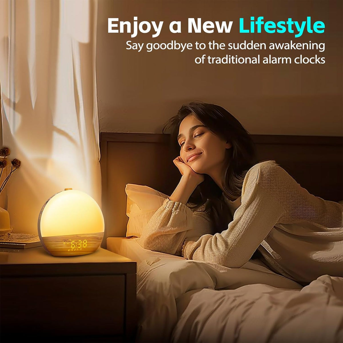 Geuuap Sunrise Alarm Clock, Noise Sound Machine Night Light, Wood Grain