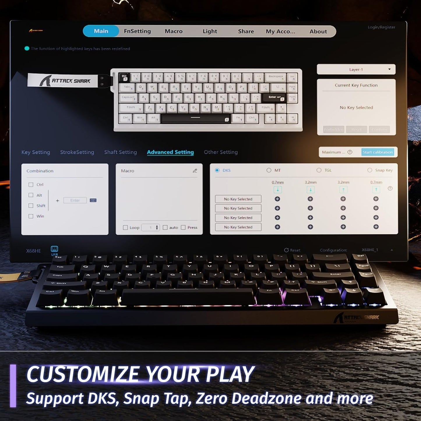 ATTACK SHARK X68 HE RT Mechanical Gaming Keyboard 60% Wired TKL-Black | Adjustable Actuation,Hall Effect Magnetic Switch,8KHz Polling Rate,RGB Backlit,Top Mount, Web Driver for PC Mac Esport Gamer