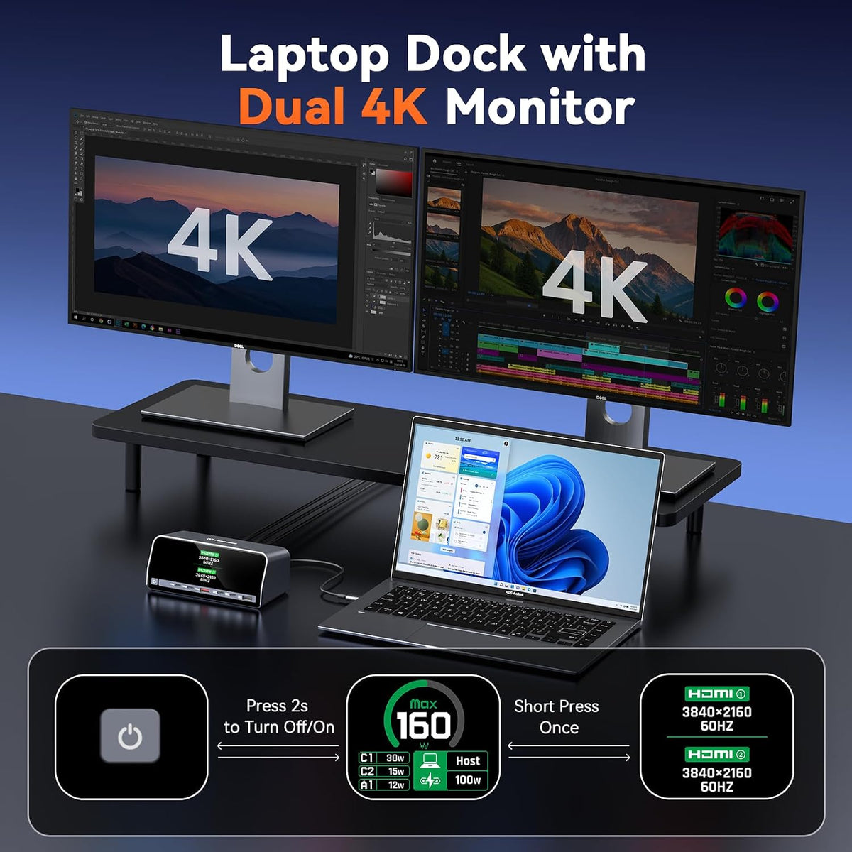 TobenONE Docking Station Dual 4K Monitor for Windows, 160W GaN+ LCD Display