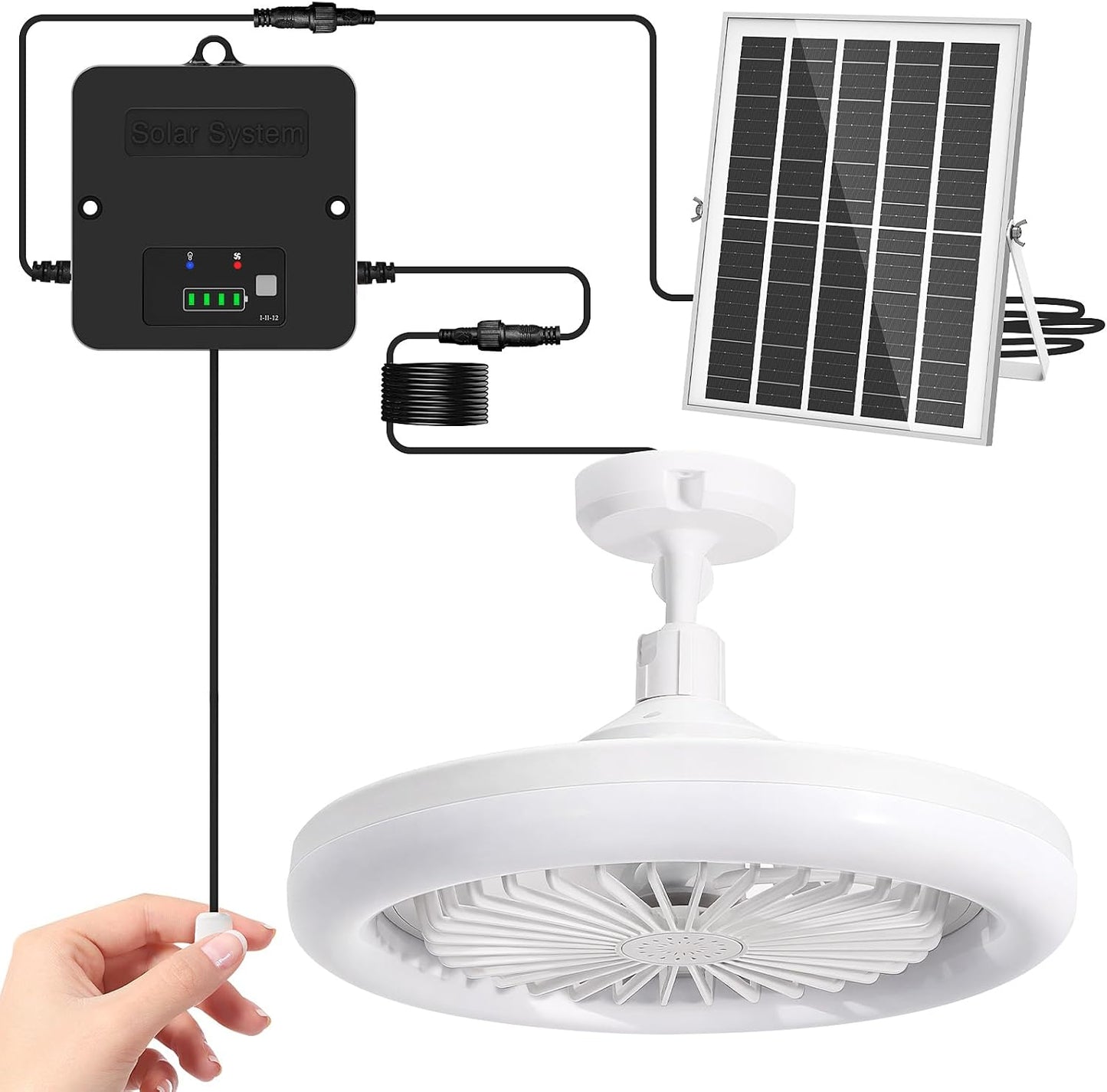 Solar Ceiling Fan with Light Indoor Outdoor, Daytime Available Solar Shed Fan Light with Pull String, 3-in-1 Modes, IP65 Waterproof for Gazebo, Shed, Barn, Patio, Chicken Coop